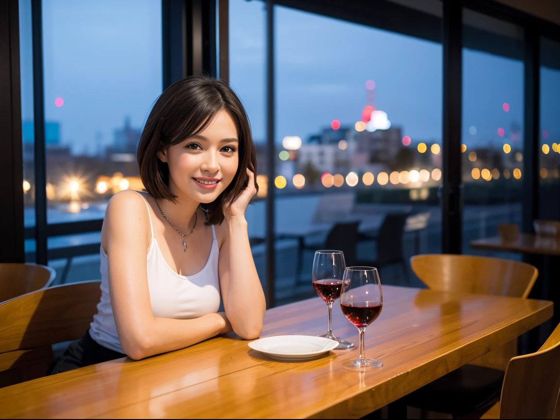 (64K, UHD, top quality, masterpiece: 1.2), (realistic, photorealistic: 1.37), super detailed, pretty woman 1 person, (slim face), (slim body), (brown hair), (short cut), cheeks slightly blushing, (39 years old), 38 years old, solo, beautiful detailed urban night view outside the window, restaurant, wine glass sitting, night, in a prominent place (from the waist up) NovaFrogStyle, Actress, Model, Waist Up, White Wine, Slim, Wine Glass, Super Clean Night View, Wine Glass Put in the Middle, Happy Smile, (Smile: 1.15), Beautiful Fine Eyes, Upper Body, Bust Japan Up, Night, Short, Short, Actress, Model, Waist Up, White Wine, Slim, Wine Glass, Super Clean Night View, Wine Glass Put in the Middle, Happy Smile,