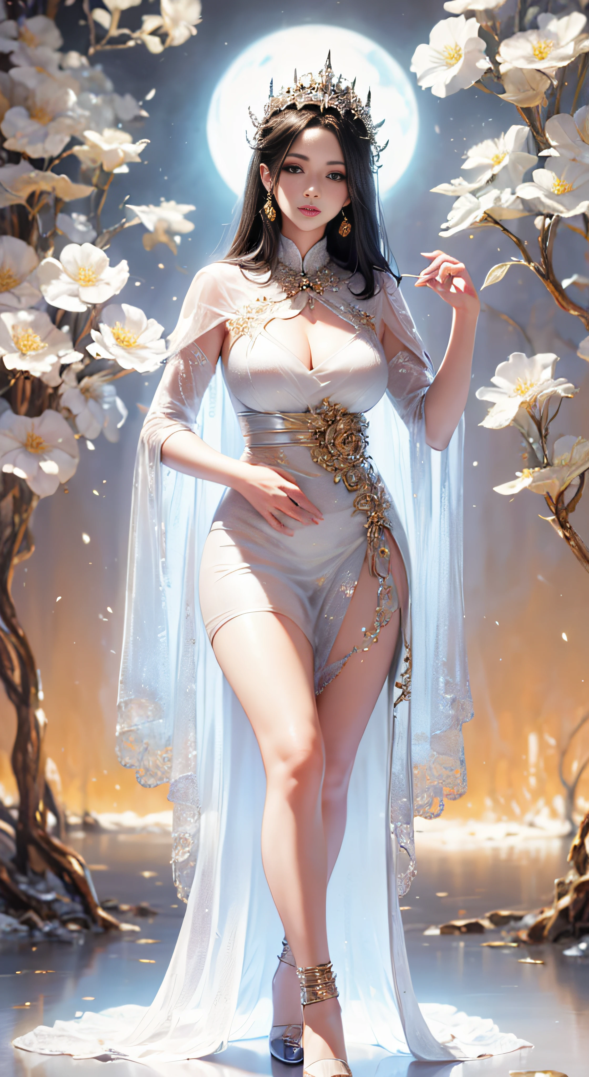 Whole body、8K、realphoto、超A high resolution, Master Parts, Best Quality, nffsw , cinematic images,Lovely girl、ann、16years old、Anglo-Saxon、Green eyes、二重まぶた、very droopy eyes、(very, Very big eyes:1.8)、Dark eye shadow、The lips are very thin、The tip of the nose stretches beautifully..........、the tip of the nose is small,,,,, ighly detailed , Gold Hair、Straight hair、Very smile、 Sweet look 、a very beautiful woman、legs are long、 Very clear shadows , jewely , A detailed eye, very intricate, shiny skins , Perfect Brilliant, Perfect Lighting, Dramatic shadows 、She is wearing a long white silk dress with three layers。。。。。。。..Silver embroidery covers the entire surface of a long white silk dress.、lace white dress is very long、White high heels、Hold a closed white fan with both hands、The head has a large white round hood、red flowers in ears