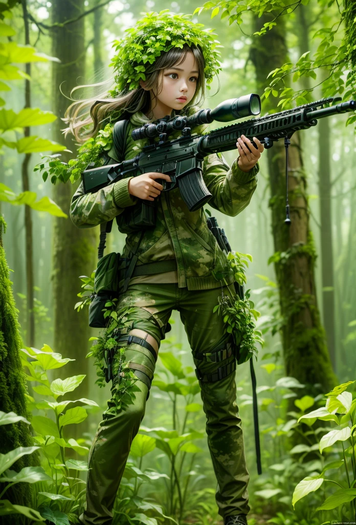 middle，(a girl made of fresh，Holding a sniper rifle made of plants and aiming at the target，Sniper rifle made from green plants，covered with green plants，plant high heels，Plant hair，plant skirt），blossoms，age-old tree，ln the forest，（globalillumination、Ray traching、HDR、Unrealistic rendering、Rational design、tmasterpiece、best qualtiy、hyper HD、cinmatic lighting）, photorealistic