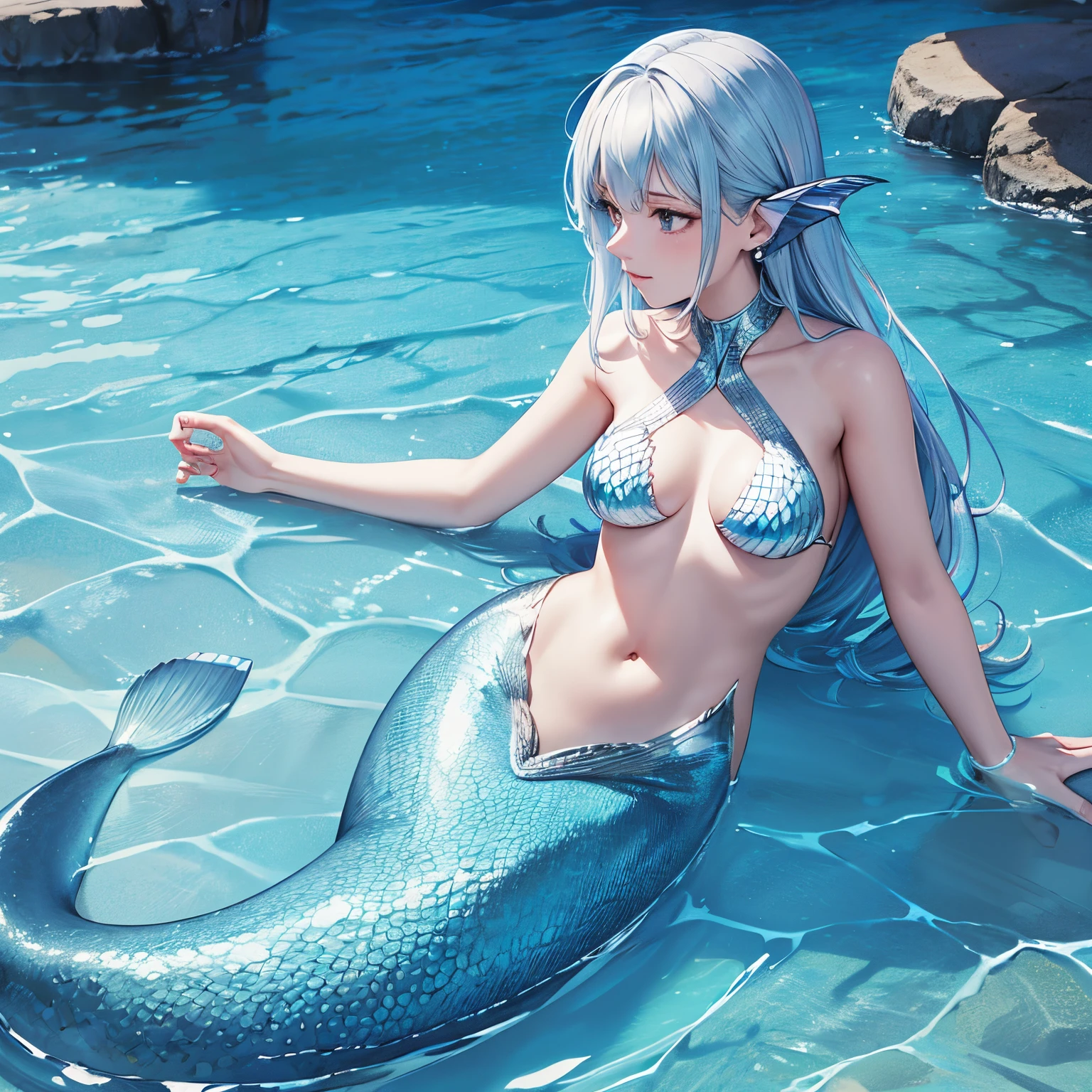 Mermaid swimming gracefully in the sea, Blue scales, The area below the shoulder is covered with fine scales., silber hair, Earlobes are fins, A scale arm covering that sticks to the skin, elegantly spread caudal fin