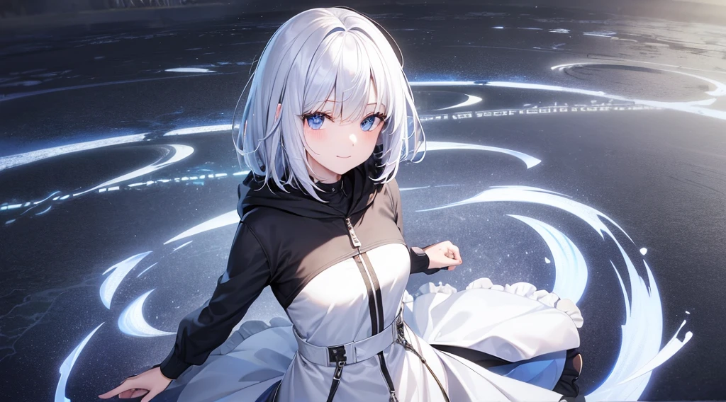Ultra-high image quality,Look at viewers, hands behind back, girl with, 20 years old, Very short hair, long bangs between eyes, pale blue eyes, Hoodie, Skirt , Blue sky, Sunlight, Extremely detailed,(​masterpiece、top-quality)、独奏、White hair、A smile、White skin as clear as snow、Fantastical, Silver hair, Black eyes, Beautiful eyes,, Ecstasy, charmed, be smitten with audience, Hoodie, White hoodie,a black skirt,Hair is short,Blue sky , Sunlight,fantastic landscape,look down from above