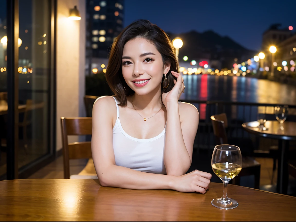 (64K, UHD, top quality, masterpiece: 1.2), (realistic, photorealistic: 1.37), super detailed, pretty woman 1 person, (slim face), (slim body), (brown hair), (short cut), cheeks slightly blushing, (39 years old), 38 years old, solo, beautiful detailed urban night view outside the window, restaurant, wine glass sitting, night, in a prominent place (from the waist up) NovaFrogStyle, Actress, Model, Waist Up, White Wine, Slim, Wine Glass, Super Clean Night View, Wine Glass Put in the Middle, Happy Smile, (Smile: 1.15), Beautiful Fine Eyes, Upper Body, Bust Japan Up, Night, Short, Short, Actress, Model, Waist Up, White Wine, Slim, Wine Glass, Super Clean Night View, Wine Glass Put in the Middle, Happy Smile,