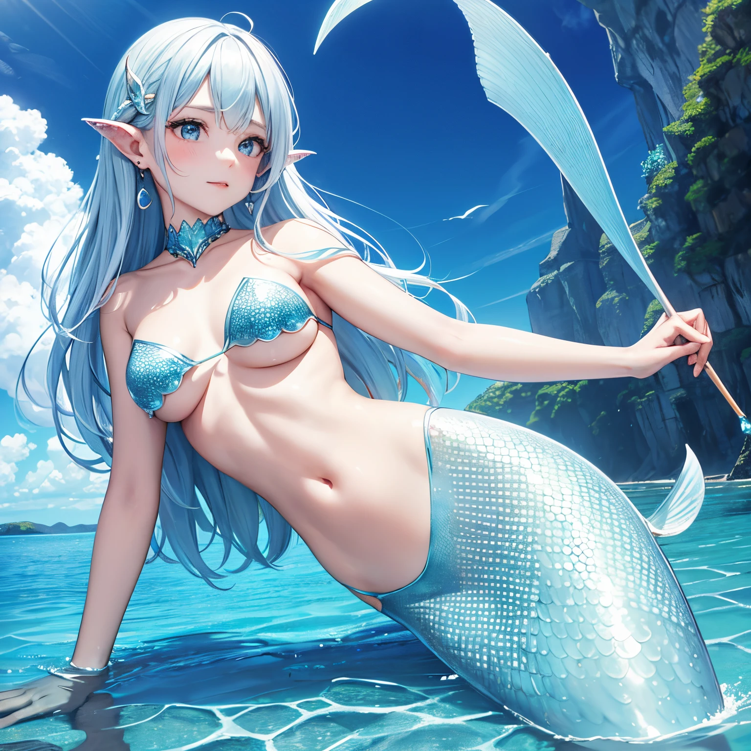 Mermaid swimming gracefully in the sea, Blue scales, The area below the shoulder is covered with fine scales., silber hair, Earlobes are fins, A scale arm covering that sticks to the skin, elegantly spread caudal fin