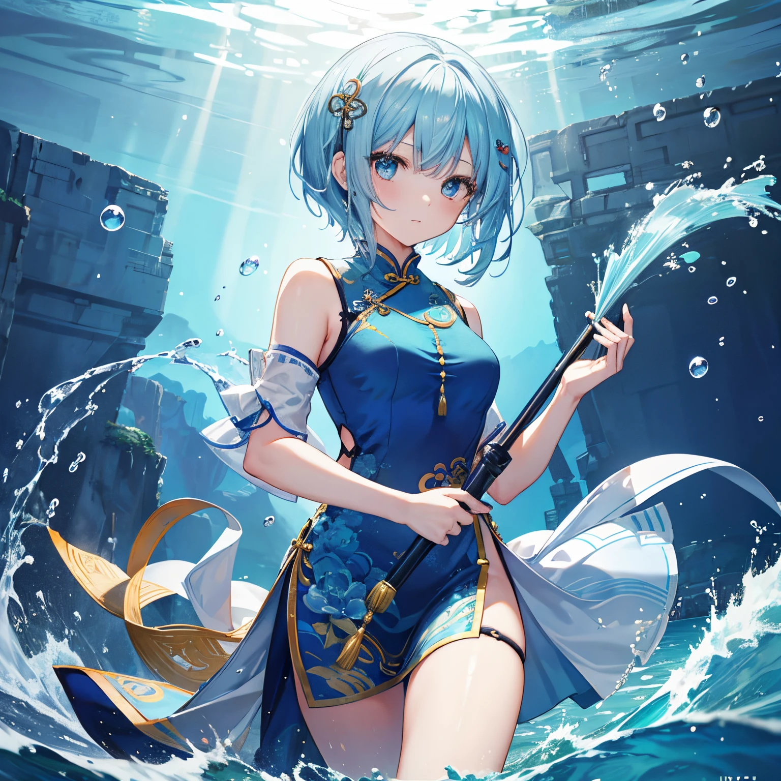 one-girl，Alone，blue hairs，Blue cheongsam，chineseidol，short detailed hair，dual horsetail，Eau，water sphere，water flowing，The background is the sea