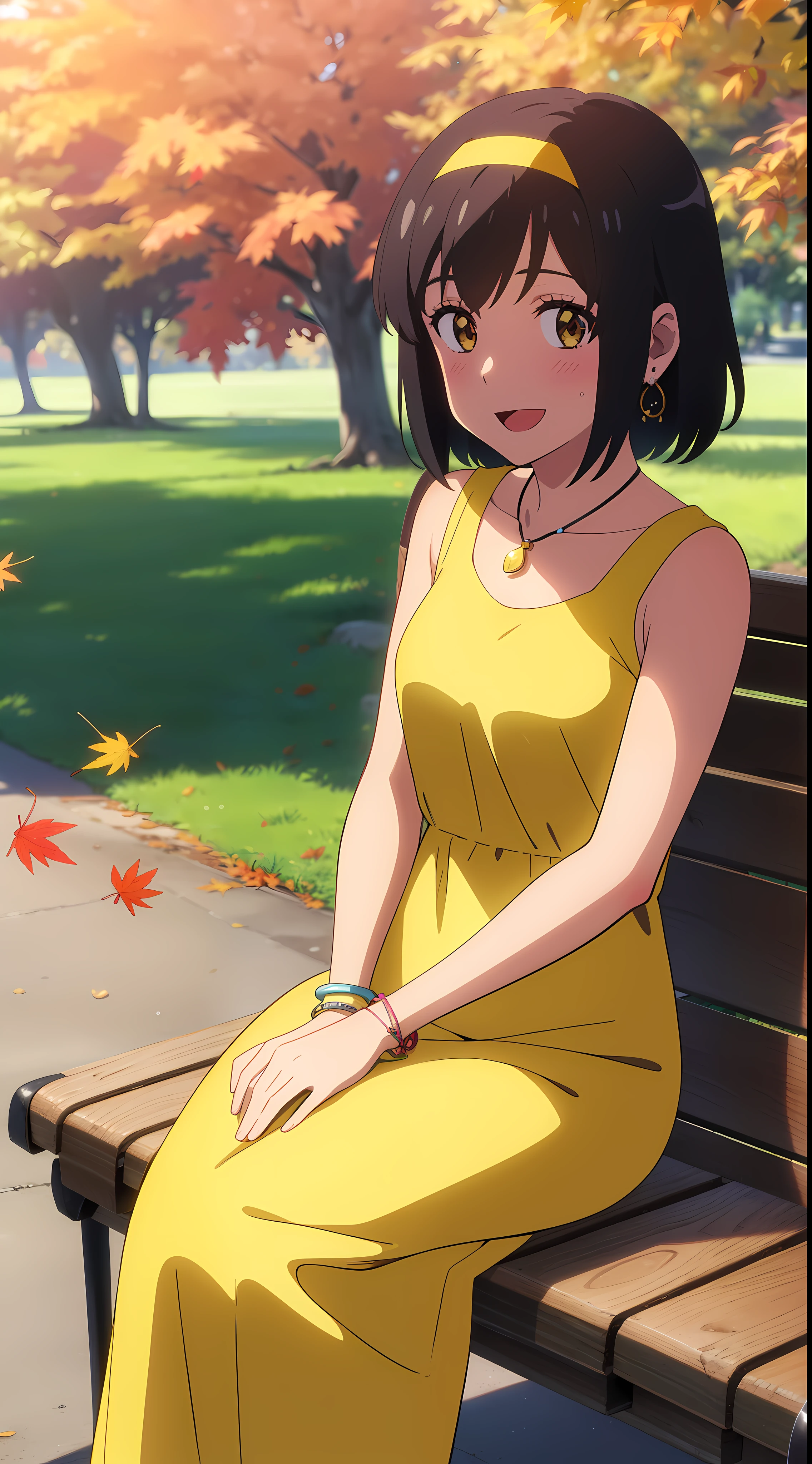 (masterpiece, best quality, high quality, highres, ultra-detailed), shinkai makoto, kimi no na wa., 1girl, bangs, black hair, blush, bright eyes, brown eyes, headband, looking at the viewer, yellow bow, yellow headband, yellow ribbon, dress, yellow dress, short hair, medium breasts, solo, day, Outdoors, shiny skin, standing, shadow, smile, happy, :D, bracelet, necklace, earring, {{{{{{in autumn}}}}}}, maple tree, falling leaves, autumn scenery, warm color., beautiful, pretty, sitting, bench, V, {{{{fluttering leaves}}}}