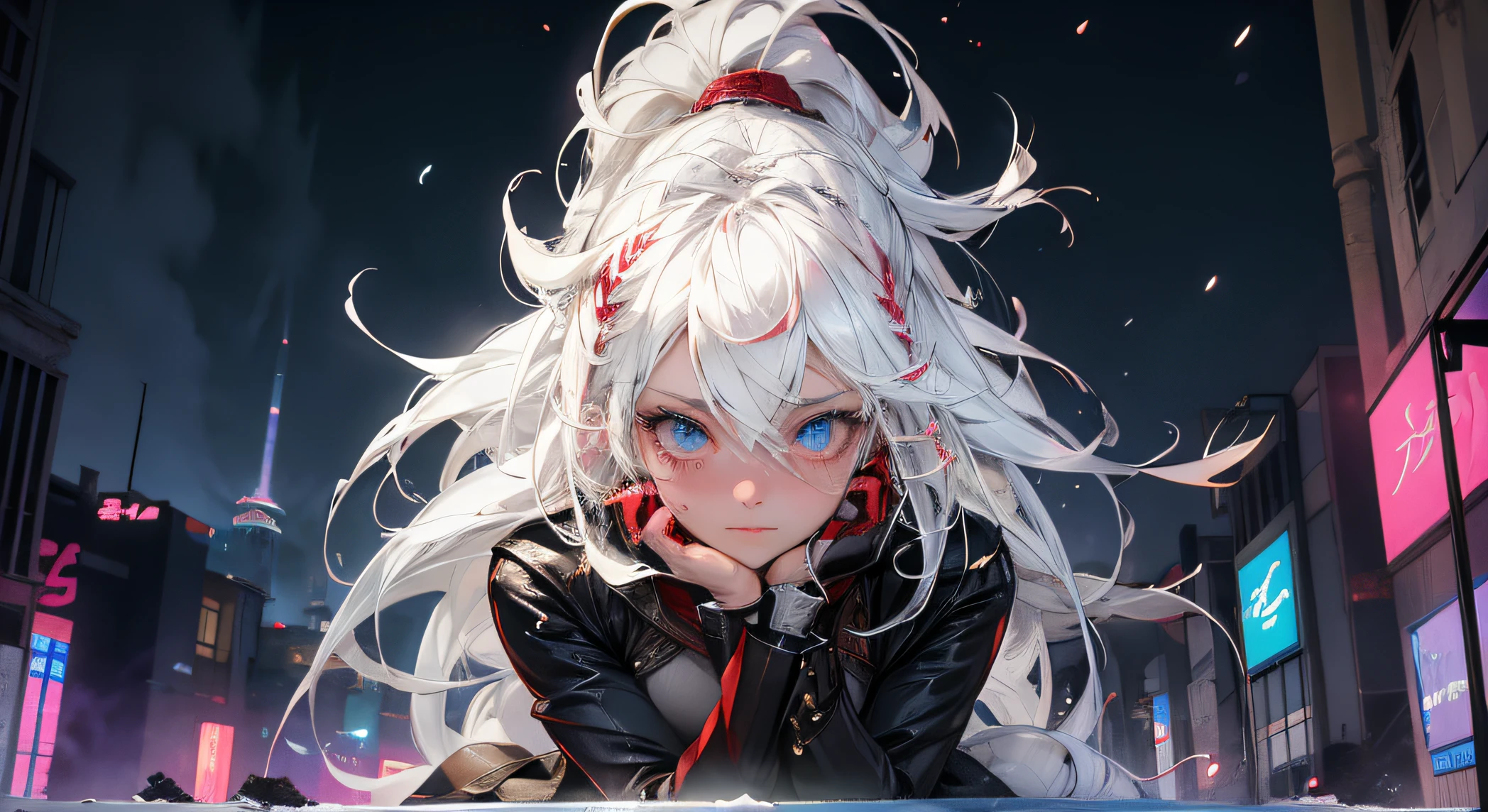 masterpiece, best quality, extremely detailed, cinematic lightning, intricate detail, highres, official art, finely detailed beautiful face and eyes, high resolution illustration, 8k, depth of field, bokeh, solo, 1girl, a girl with white hair and red eyes, long white hair, beautiful red eyes, beautiful landscape, rainy city, upper body, looking at viewer, close up