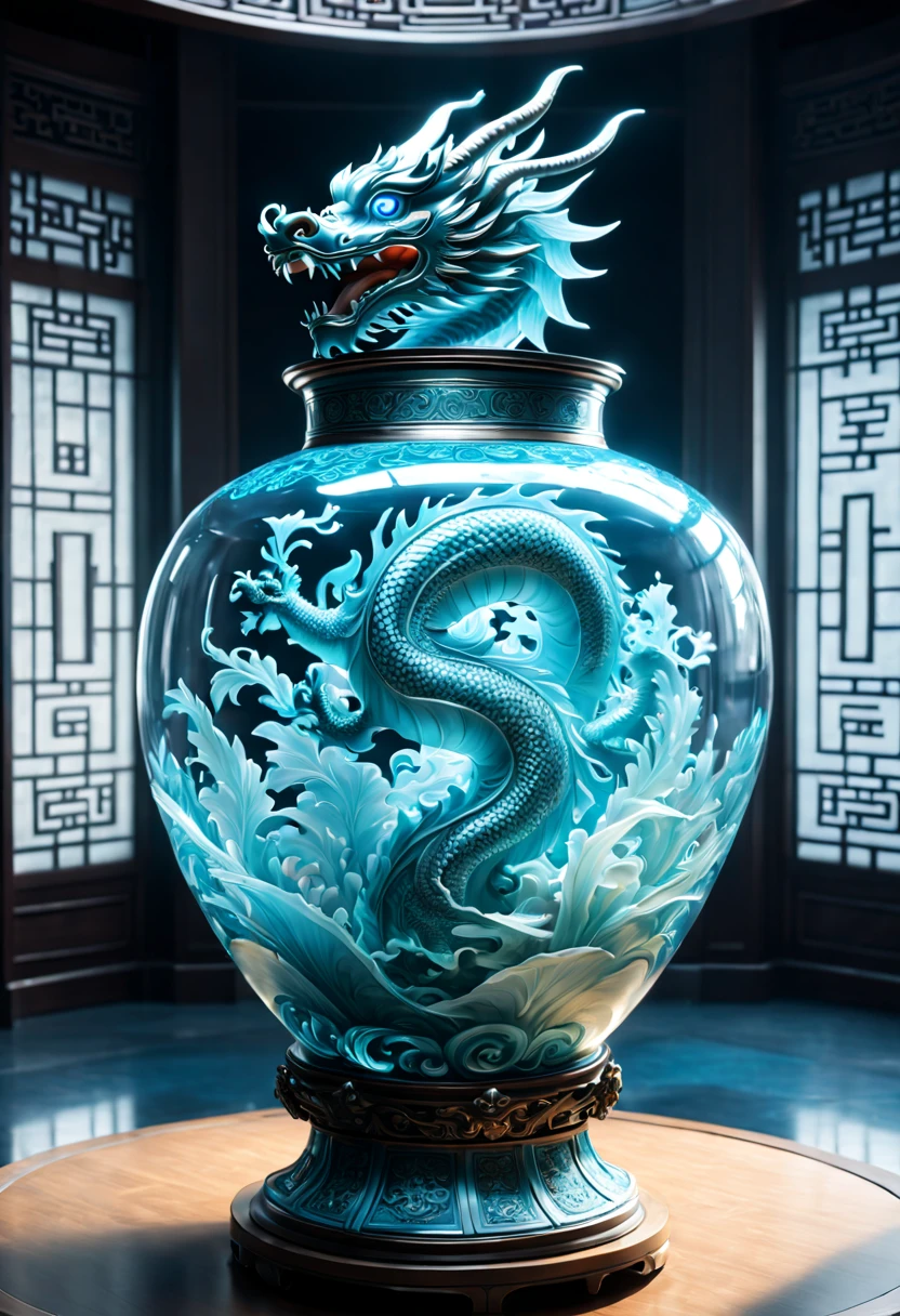 An oriental style vase is displayed in an empty room,There is a dragon inside, RococoStyle, Crystal nuclei, Realistic light depiction, interesting and complex, light blues, hidden academia, ancient world patterns,The body of the vase is illuminated by light, RococoStyle, Future elements, Crystal nuclei, Chinese iconography, swirles, light blues, giant money sculpture, Futuristic fantasy style, light blues, An intricate underwater world, Realistic light depiction, clear colors, Crystal nuclei, Light cyan and white, Intricate underwater world style, Crystal nuclei, chinapunk, swirles, light blues, Glowing portrait, light box,(Best quality,4K,8K,A high resolution,tmasterpiece:1.2),ultra - detailed,(actual,realistically,realisticlying:1.37),extremely detailed glass vase,There is a dragon on it,Super detailed scp artifact can,Complex and gorgeous anime CGI style,Exquisite renderings of the Tang Dynasty,Better than Paul and James Ginn,Complex artwork. Guilty car rendering,Complex 8K rendering,8k vray rendering,arte renderizada,filled with glass. Computer Graphics Association,high quality rendering