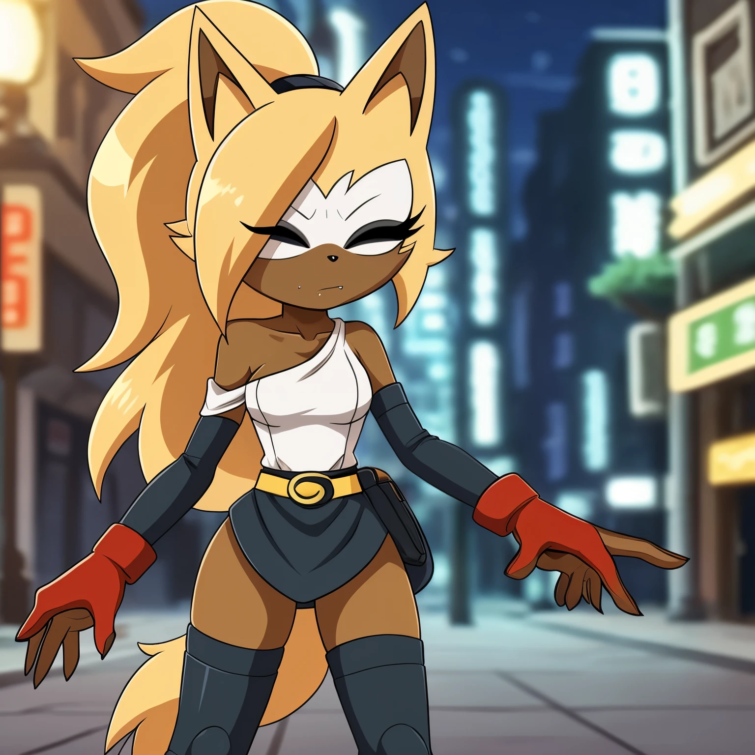 intricate details,(detailed background:1.3), anime style, city street, sharp focus, serious, standing, furry female, (solo), sundown, whisperthewolf, dark brown fur, blonde hair, ponytail, hair over one eye, closed eyes, white fur near the eyes, Whisper ((dressed as Yurin, Yurin_DB)), dark brown fur, blonde hair, ponytail, hair over one eye, closed eyes, white fur near the eyes, fangs, ((short green one-shoulder dress with a white undershirt, long black wrist-guards, a yellow belt, a red student miniskirt and pair of red shoes)), best quality