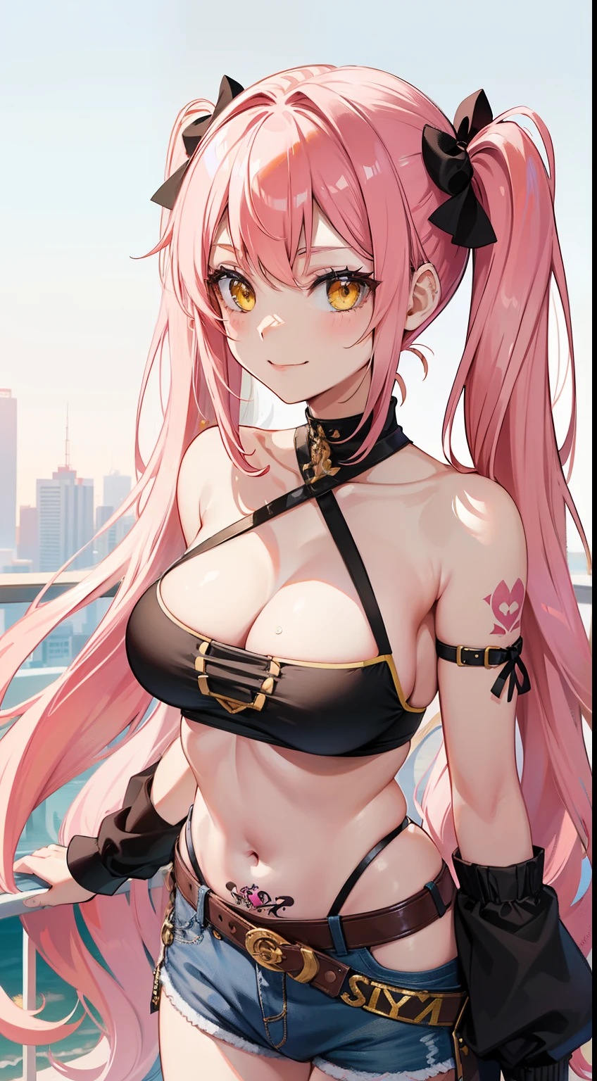 young girl, 1 girl, yellow eyes, twintails hair, long hair, pink hair, medium breasts, medium ass, smile, Happy, Hairpins, Choker, masterpiece , Yellow eyes, black skin, Ebony leather, white tanktop, open belly, Shorts, tattoo, smirk, milkshake, park background, Masterpiece, hiquality, 4k, HD, Good detail