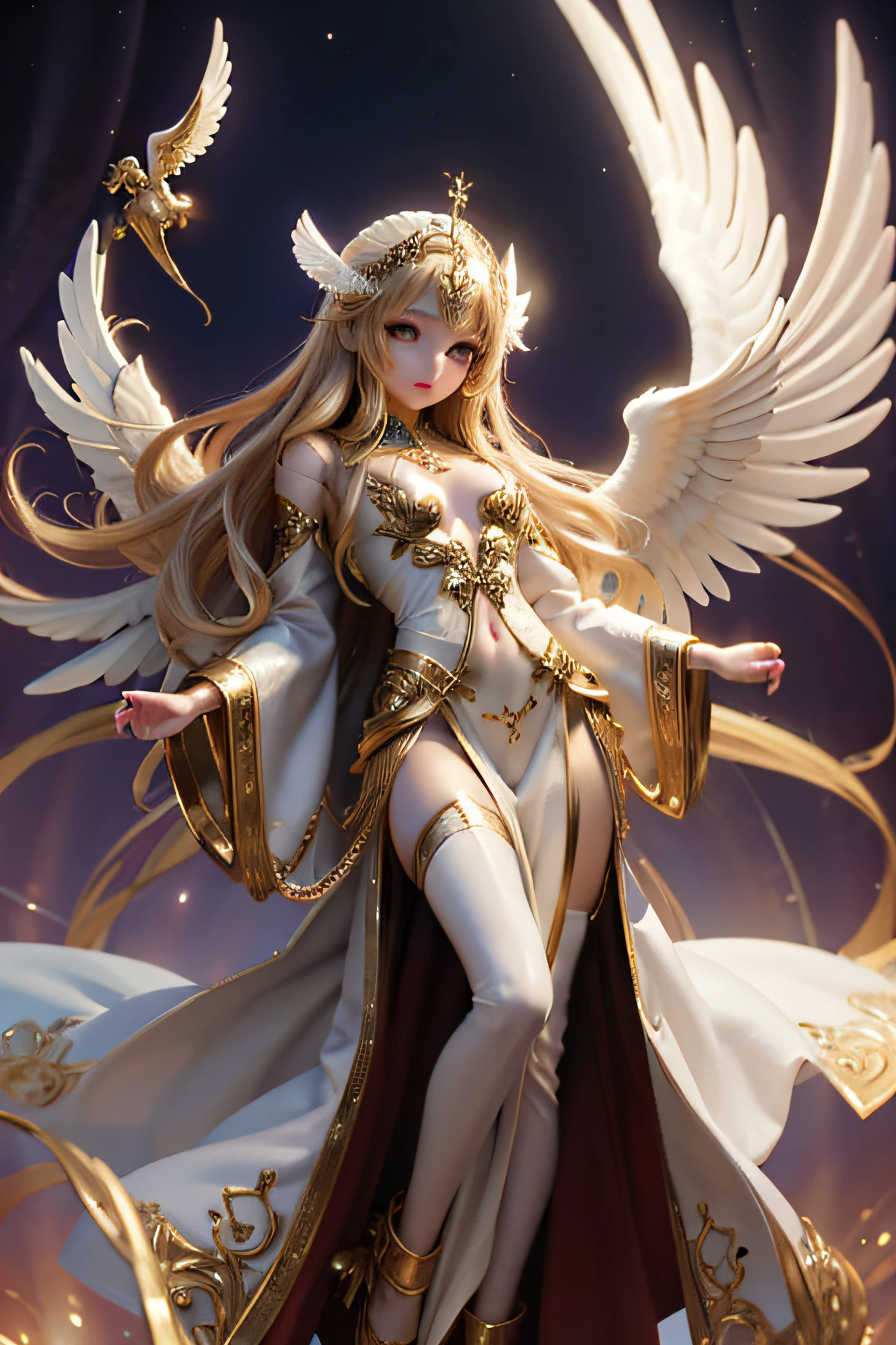 Beautiful Angel、large plumage、myth、goddes、Stand straight、full body Esbian、wears white and gold robes