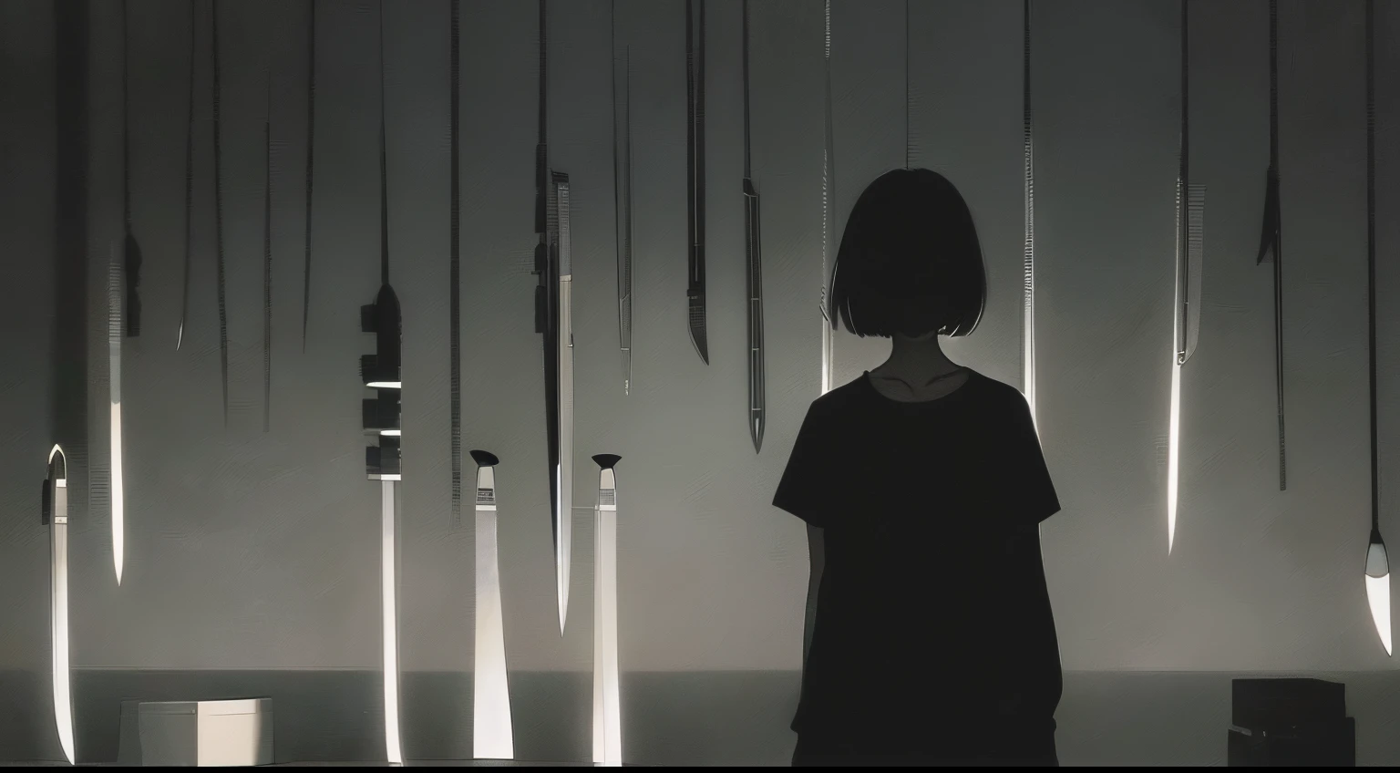 (a very delicate and beautiful)、suicide、Knives、(TThe shirt)femele、Offensive photo、独奏、(silhuette)、(With movement)、dark backgrounds、Black figure、(silhuette)、skinny body、background at room、single body、mournful、1 persons、