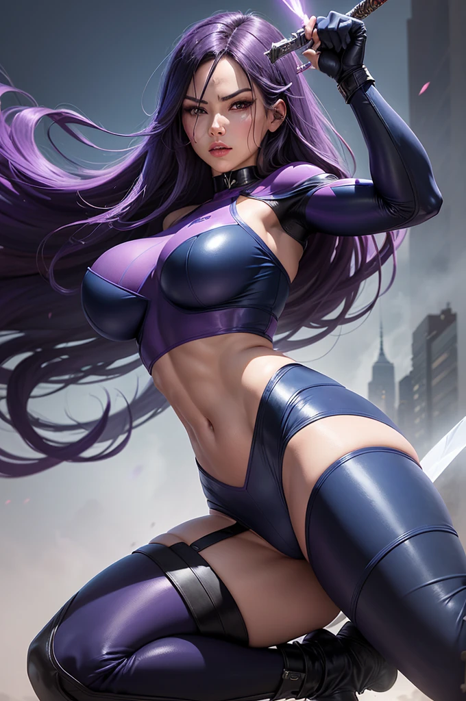 (New York: 1.5), (time square 1.50), Psylocke, also known as Elizabeth, is known for her distinctive appearance and her psychic and telepathic abilities, which are often associated with a psychic blade or psychic katana.
Physical appearance:
Psylocke is a woman of British origin and with an Asian appearance for a while. However, its most recognizable form is as follows::
      Hair: Psylocke usually has long, dark purple hair that falls in soft waves. Her hair is a striking feature and is often worn loose. Eye: Her eyes are typically depicted as blue, but they can also be depicted as purple when she is using her psychic abilities. Body: Psylocke is chiseled and athletic, like many Marvel superheroes. Her physical form reflects her proficiency in martial arts and her combat skills.
typical costume:
Psylocke's costume is an important part of her visual identity. She is often depicted wearing the following attire:
      bodysuit: Psylocke wears a bodysuit that covers her entire body. The costume is usually tight (dark blue or black color :1.5) that covers your body from neck to toe and is made of material that fits the body.
      waistband: She often wears a red waistband that wraps around her waist. This stripe serves as a point of contrast in her look, breaking the monotony of the main color.
      Psychic Blade: Psylocke's most iconic feature is her psychic blade or psychic katana. This is a blade made of psychic energy that she can create with her telepathic abilities. The blade is often described as a traditional Japanese sword, and she wields it skillfully in combat.
      gloves and boots: Psylocke wears gloves and boots in the same color as her bodysuit, completing the look. These items usually have simple details, such as stripes or lines that complement the outfit.
      mask: Although not a constant feature of her costume, Psylocke wears a mask that covers part of her face, leaving only her eye, (slender body: 1.5), (Clothing: 1.5), (large breasts: 1.3), (b