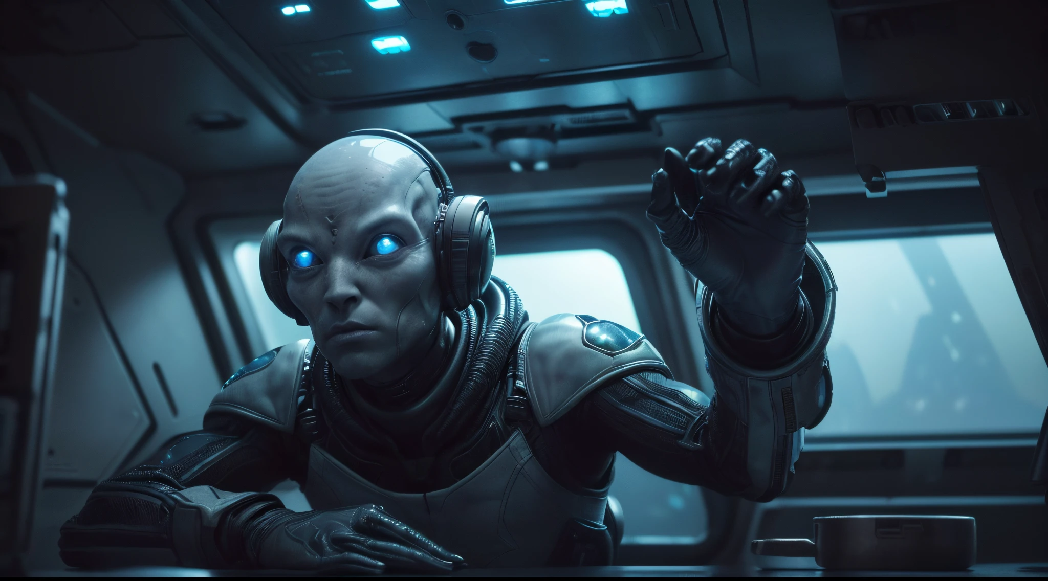 ((alien delicate features, ojos grandes, mirada inteligente, nariz muy aplastada, blue-gray translucent skin, hierarchical clothing)), (Cinematographer, hyper realista, render 3D a 8k, bounced and specular lighting with 25 focus| grados, profundidad de campo)) ((obra maestra realista)) Ser extraterrestre, male specimen, casta guerrero masculino, alien military suit , piel oscura, nacido en otro mundo, (((best extraterrestrial specimen), (((in your ship and habitat)