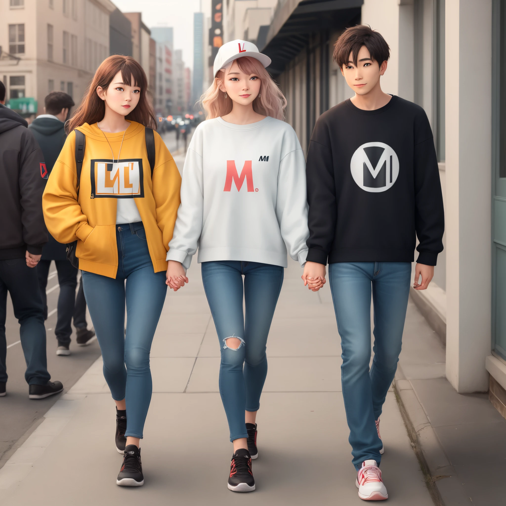 Two people walking around with one with an L on their corner on their clothes and the other in the other corner with an M on their clothes while holding hands