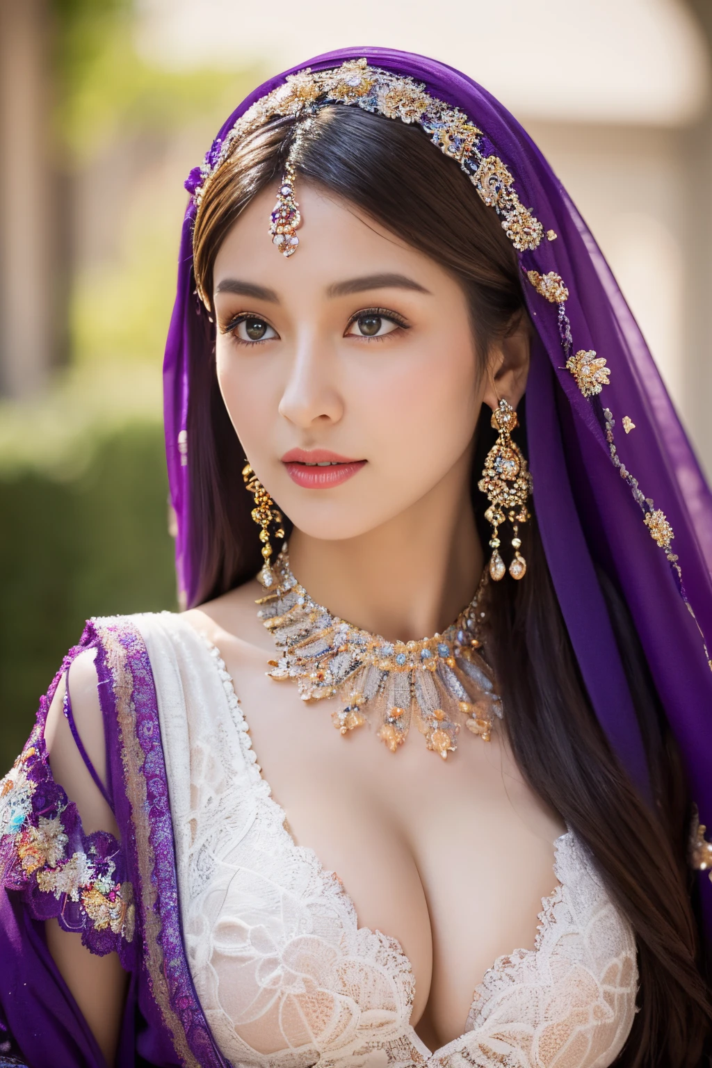 top-quality,Beautiful detailed hijabi,Bewitching face,mongol model,long lashes,Wearing a colorful bellydancer,Hide your mouth with a lace cloth,Detailed details,Colossal tits,With cleavage,stares at the camera、versailles