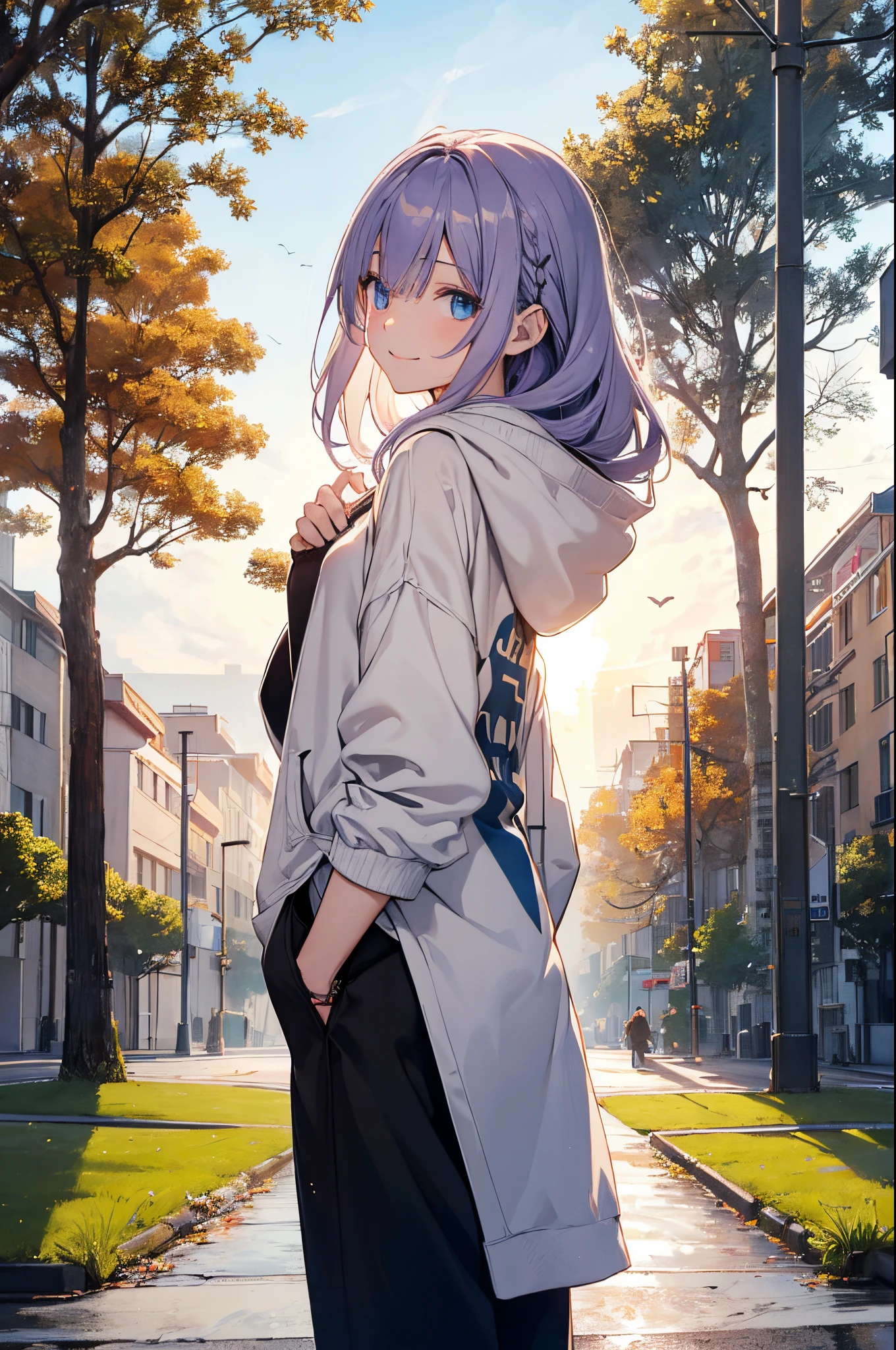 (Girl with a nasty appearance:1.3)、(Daylight hours:1.5)、(and chest:1.4)、Raw photography, top-quality, hight resolution, (masterpiece), (Photorealsitic:1.4), (Mole under the eyes),Anime Cosplay, foco nítido, nffsw, 8K分辨率, intricate detailes, depth of fields, the Extremely Detailed CG Unity 8K Wallpapers, front lit, femele,25-years old、 Happy face,Smiling、Bangs covering one eye、(tying hair:1.5)、(Medium Showtrain Bo Hair)、(Big hoodie)、blue eyess,(a park:1.5)、(Walk:1.3)、(Full body depiction)、cell phone、(from back view:1.2)、shining world、Autumn、tree々、Winters、midwinter