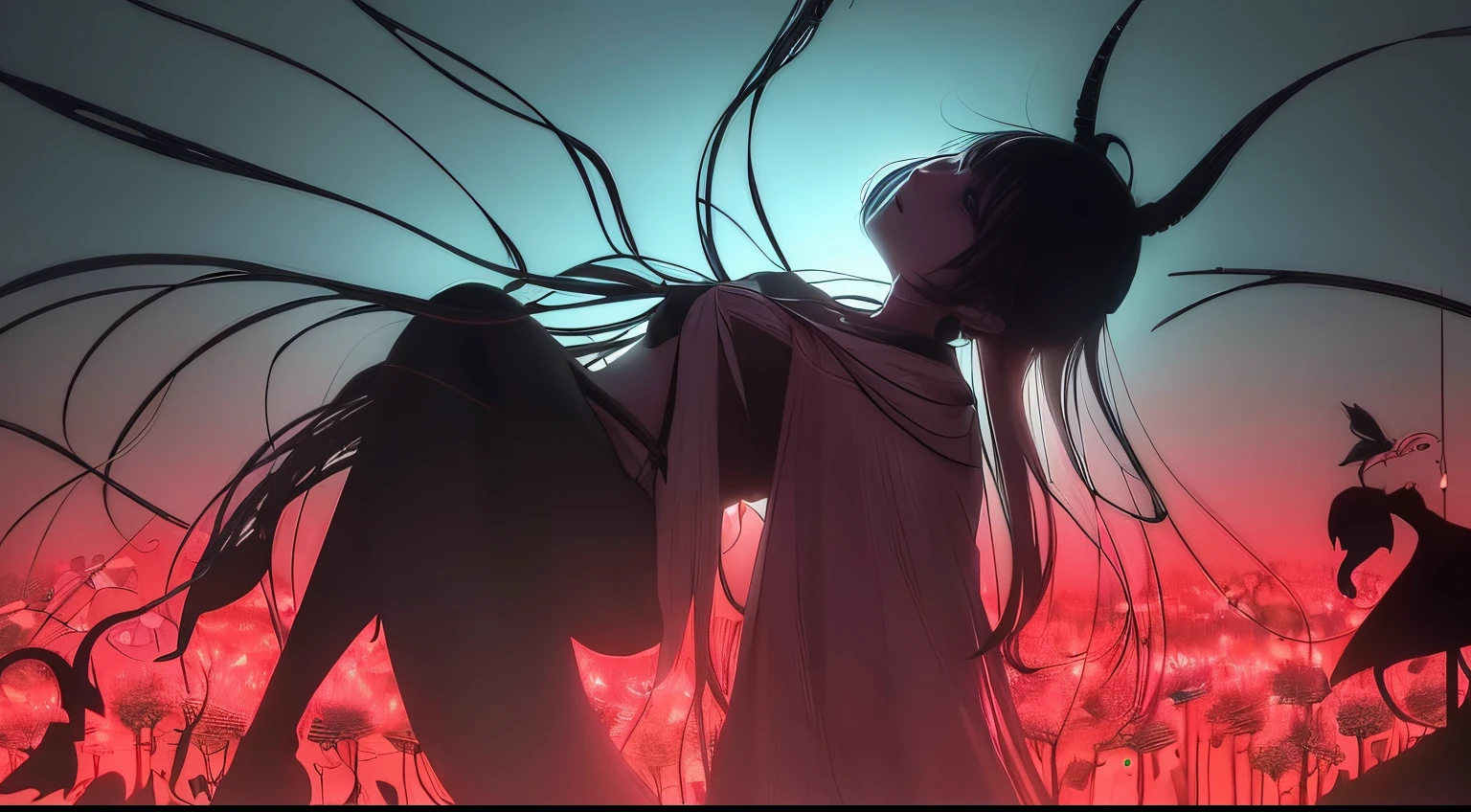 (a very delicate and beautiful)、(Maniacal)、silhuette、laught、The human、Offensive photo、独奏、(silhuette)、(shadowy)、(With movement)、dark backgrounds、Black figure、(silhuette)、skinny body、long、single body、mournful、1 persons、Bloods、
