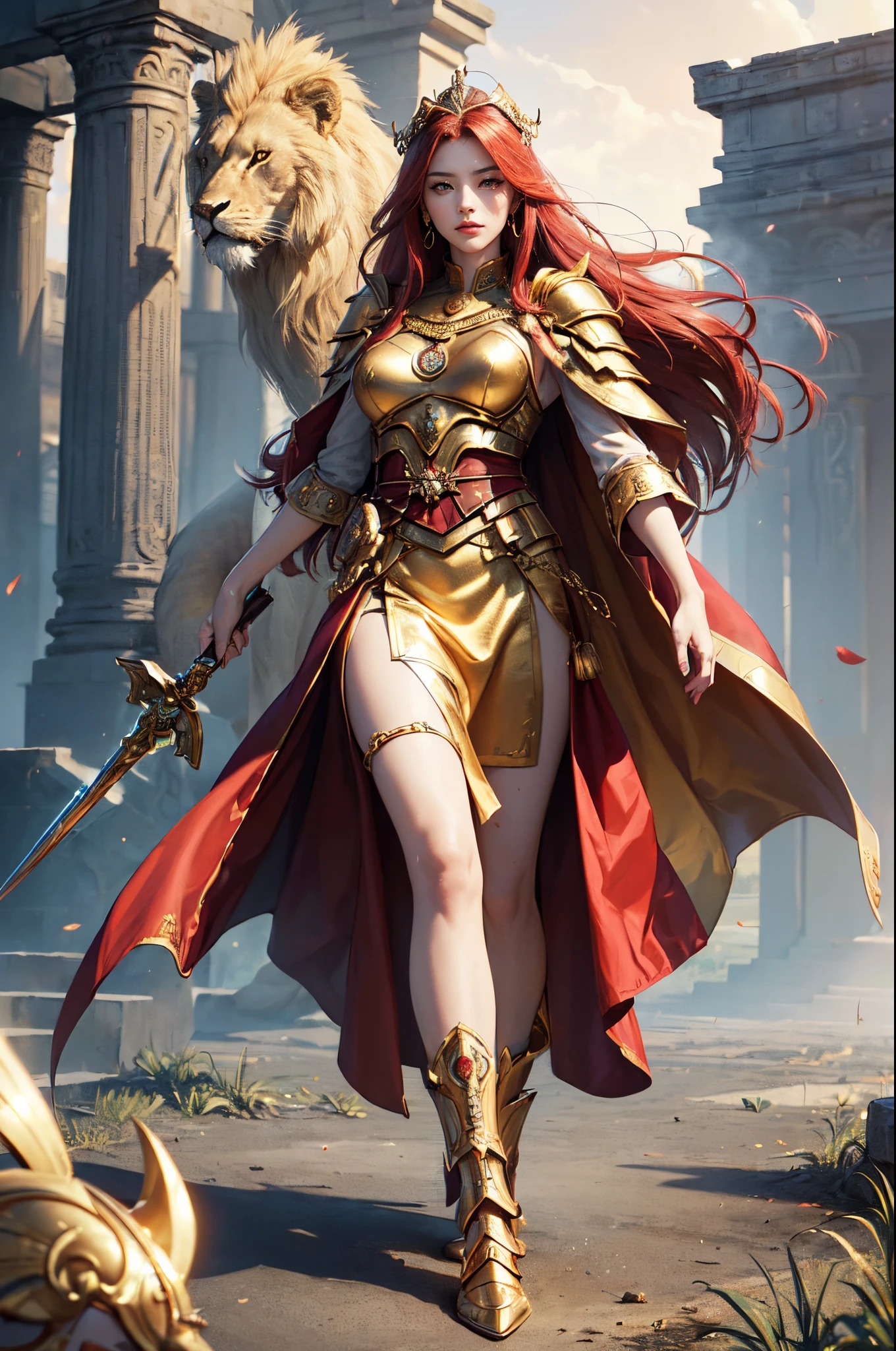 ((​masterpiece)))、(((top-quality)))、((ultra-detailliert))、(A hyper-realistic)、(highly detailed CGillustration）、Official art、lion motif、Gold and red tones、Fantasia、Ancient mythology、Ancient Mesopotamia、Eventide、Mystical、solemnity、An majestic、Best Quality, ​master piece、Eventide、Ishtar, Goddess of War、battlefield commander、guardian of babylon、Increase your fighting spirit、Invincible Great General、Awe-inspiring Hall々、brave、honor of babylon、Treasure of Babylon、veteran hero、Slender eyes、matchless beauty、Rin々Right、Guardian of the Lion、refinement、noble、Proud、Wearing noble jewelry、Equip your weapons、The appearance is luxurious and golden armor、Cloak in the wind、Tall and lean、Model body type、fiery red long hair、Perfect Angle、perfect-composition、low angles、full body Esbian