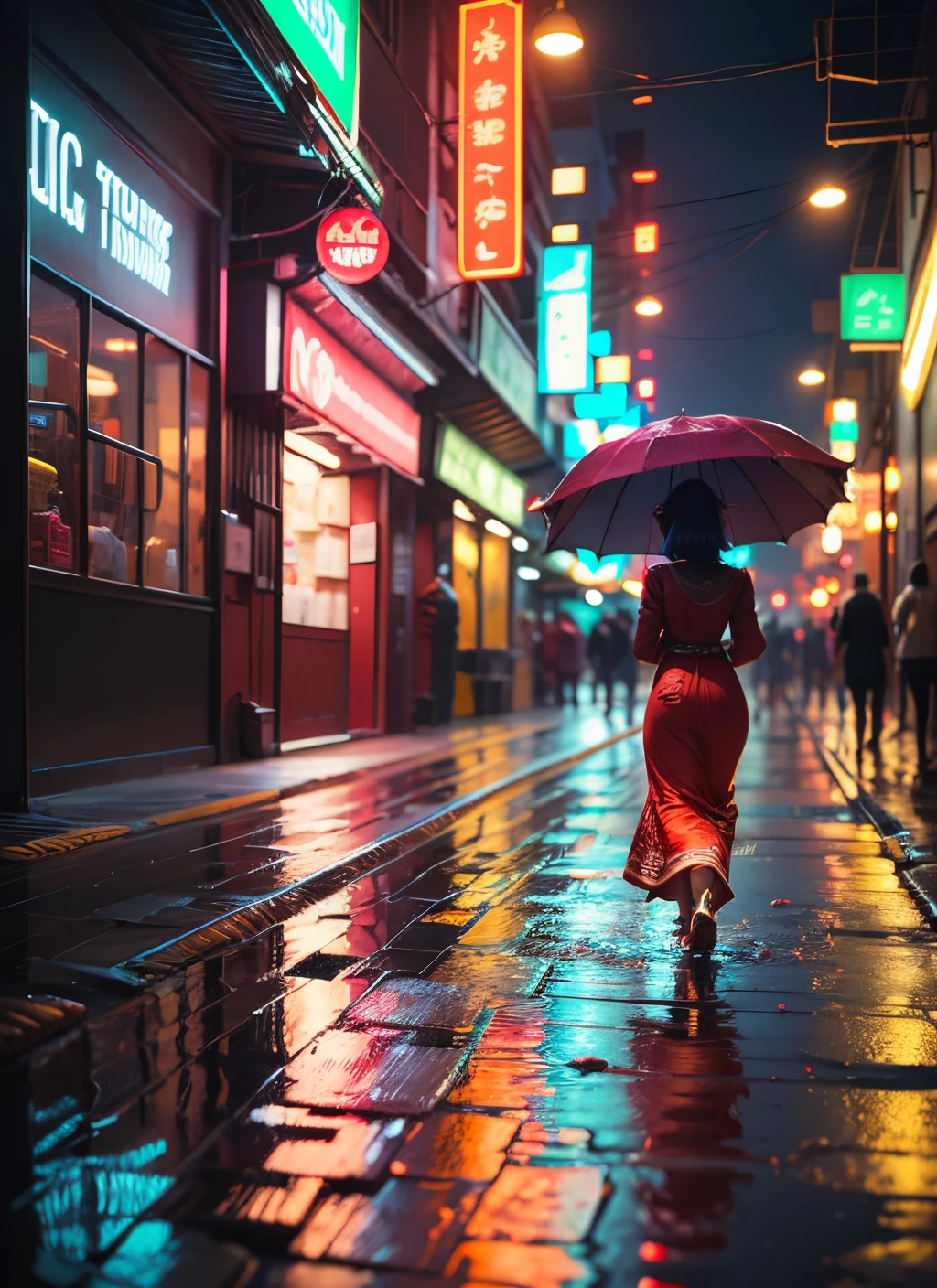 Vibrant neon lights flicker and reflect in the puddles of rainwater, behind a woman wearing traditional javanese clothes, her glowing skin under the glow of neon lamps, neon tubes running along the walls. --portrait --auto --s2