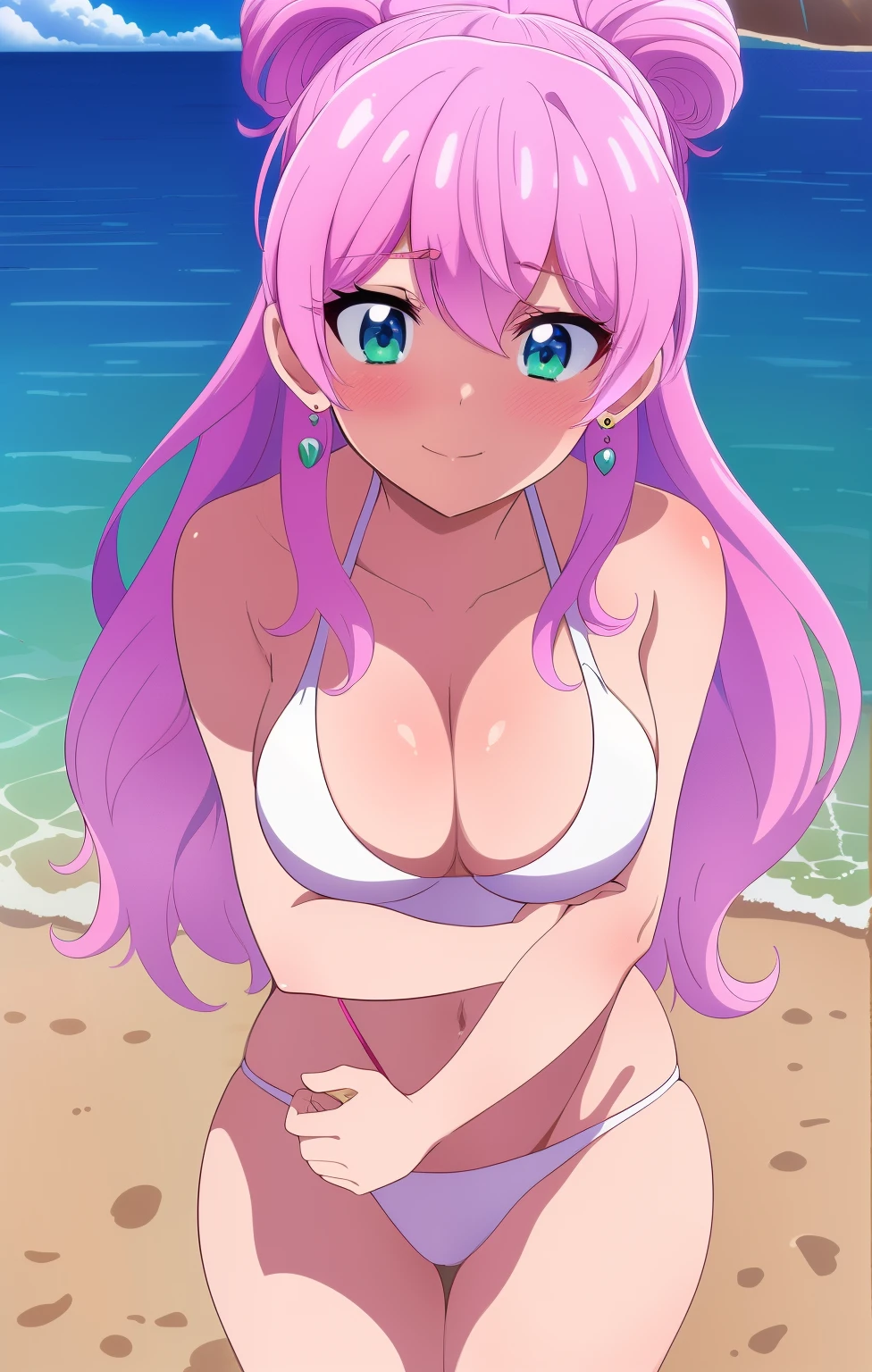 (((Masterpiece)), (Best quality:1.7), (detailed:1.4), (High resolution:1.4), 8k, (Color:1.5), 2d, high resolution, Clear image, 4k, hard drive , (Nice detailed background:1.2), (nice lighting:1.2), (Highly detailed:1.2), perfect lighting, (8k wallpaper:1.2), (Highly detailed:1.2), (Extremely detailed CG:1.2) , Watanabe_Akari, 1girl, alone, aqua eyes, green eyes, Big eyes, Long hair, ponytail, pink hair, cone hair bun, double bun, heart, Hair bun, cleavage, (medium breasts), heart earrings, Jewelry , Earrings, Looking at viewer, Bored, embarrassed, blush, smile, sexy, closed mouth, Sky, blue, clouds, beach, sand, party, March, clouds, ((Thighs)),(((above thighs ))), ((Sbikini)), ((White Bikini)), Standing, Focus on the stomach, Wide handle,