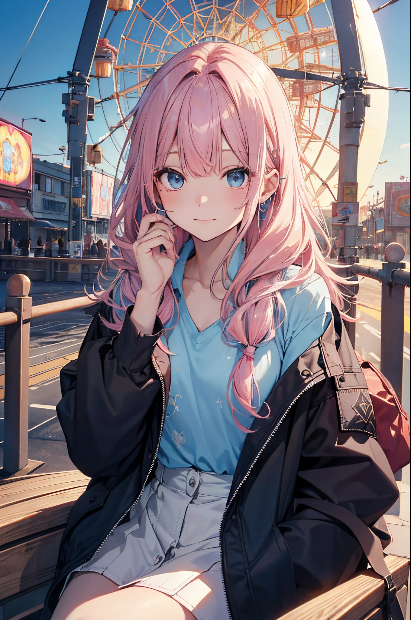 (Girl with a nasty appearance:1.3)、(Daytime:1.5)、(and chest:1.4)、Raw photography, top-quality, hight resolution, (masterpiece), (Photorealsitic:1.4), (Mole under the eyes),Anime Cosplay, foco nítido, nffsw, 8K分辨率, intricate detailes, depth of fields, the Extremely Detailed CG Unity 8K Wallpapers, front lit, femele,25-years old、 Happy face,(tying hair:1.5)、see -through、(Medium pink hair)、blue eyess,(Inside the Ferris wheel:1.5)、(Light blue shirt on jacket:1.3)、(Full body depiction)、Autumn atmosphere、(Amazing blue sky)、(From here:1.5)、(during daytime)、(Superb view)、Sitting inside the Ferris wheel、sitting on、date
