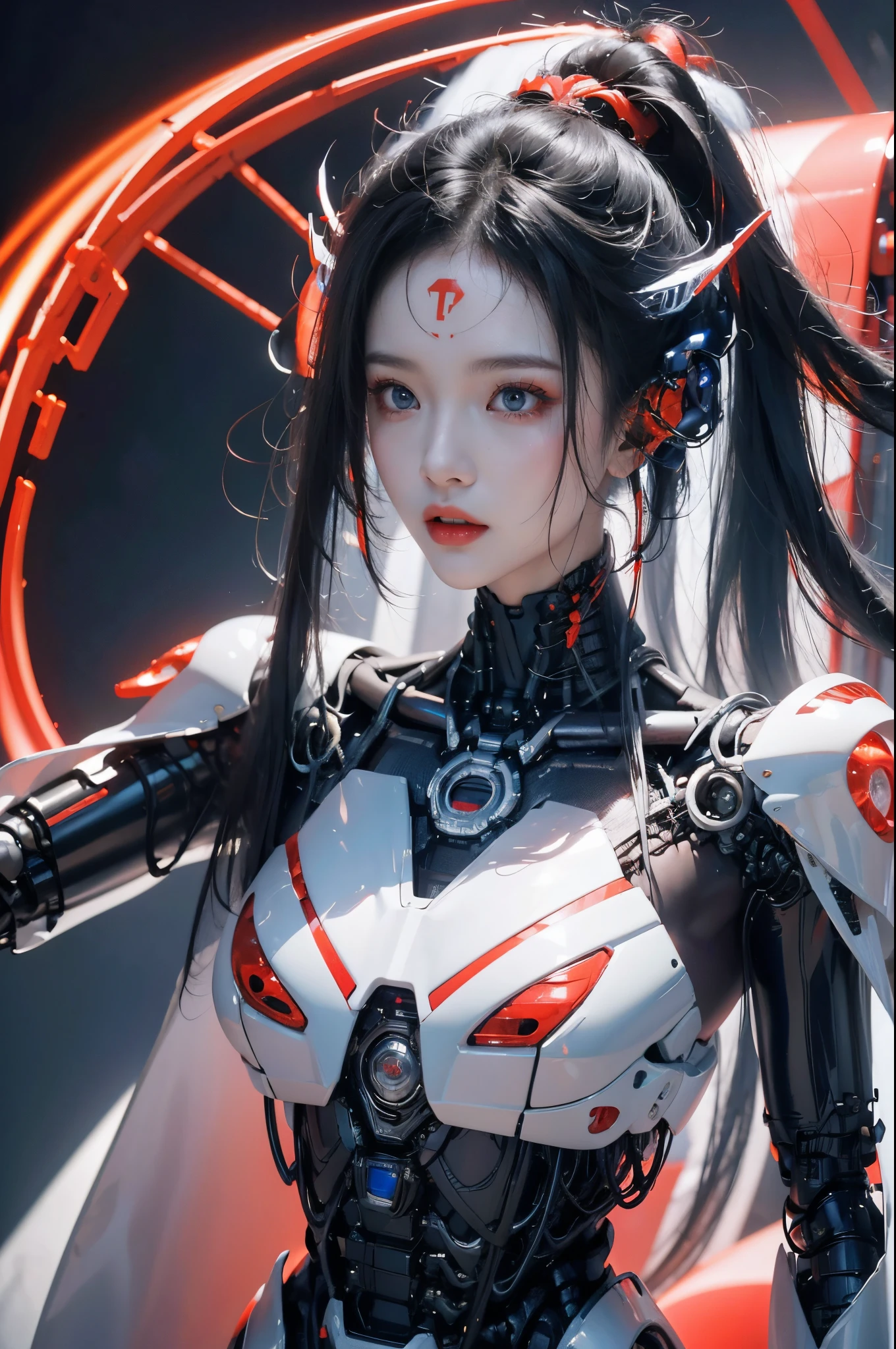 tmasterpiece,Best quality at best,A high resolution,8K,(portrait),(Close up of avatar),(RAW photogr),real photograph,digital photography,(cyberpunk queen),20岁女孩,long whitr hair,By bangs,(Black and blue gradient hair),(Glowing red eyes),Devil Eyes,Serious and charming,Hollow mechanical body,Red glowing electronic components,Red wires and tubes connect the body,Complex golden electronic texture,Weird technology symbols,red round forehead symbol,Keep your mouth shut,(Mechanical Woman),Photo pose,cyber punk perssonage,Future Style,gray world background,oc render reflection texture