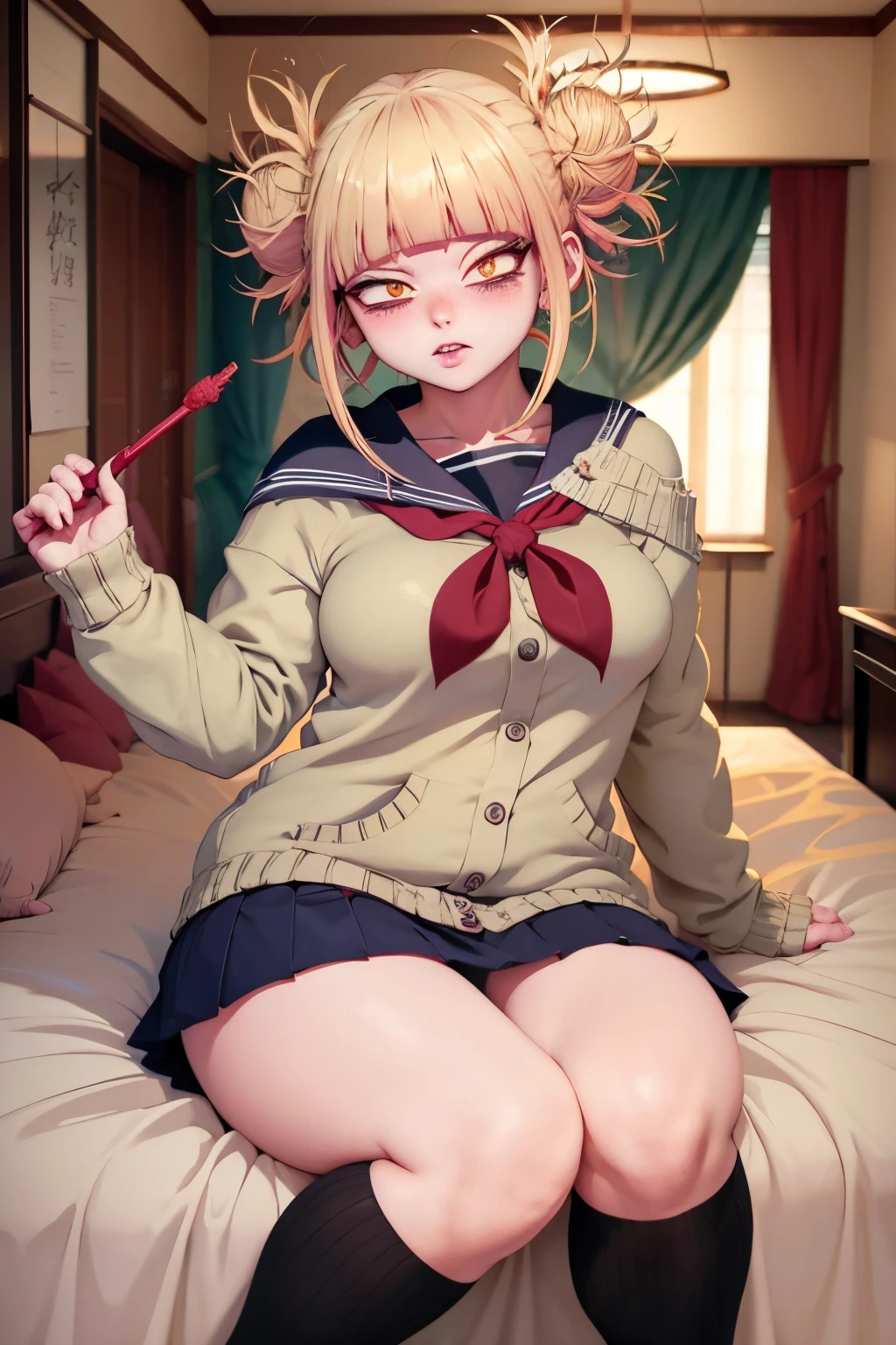 Himiko Toga es un personaje del manga y anime My Hero Academia., creada por Kohei Horikoshi. Ella es miembro de la Liga de Villanos y posee una peculiaridad llamada "Transformar".," que le permite asumir la apariencia y la voz de cualquier persona que haya ingerido su sangre.. Himiko Toga es conocida por su personalidad inquietante y yandere., often exhibiting an obsession with blood and a desire to understand and embrace their true self.. Ella es representada como un personaje peligroso e impredecible., often using their quirk to infiltrate and deceive others. A pesar de su naturaleza malvada, Himiko Toga has gained popularity among fans for her unique design and complex personality..