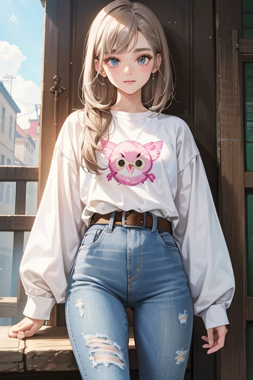 Mandi has fair skin, thin eyebrows, and light brown hair straightened into a bob. She wears a white t-shirt with owly designs and light pink and sky blue stitches on the sleeves. She wears grayish cadet blue denim jeans with light gray stripes held by a gray belt with an anchor buckle, and white sneakers with pink fronts, silver laces, and silver soles.