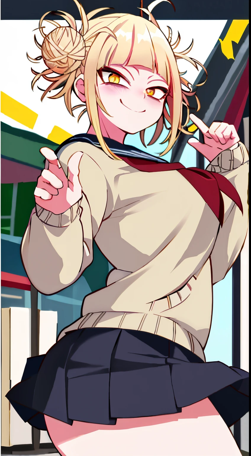 Masterpiece, best quality, 1girl, detailed face, toga himiko, yellow eyes, light from behind, super detailed, grocery store, (large breasts), cinematic lightning, happy, (close-up), looking at viewer, sano br, blonde hair, crazy smile, u.a. cheerleader uniform, black panties,