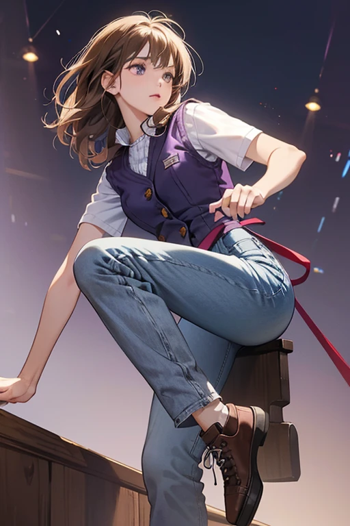 Mary has brown, mildly swept hair. She wears a white short-sleeved shirt with purple trims and buttons that partially exposes her mid-riff, a cadet blue denim vest, purple pants held by drawstrings, and gray shoes with white laces and brown soles.