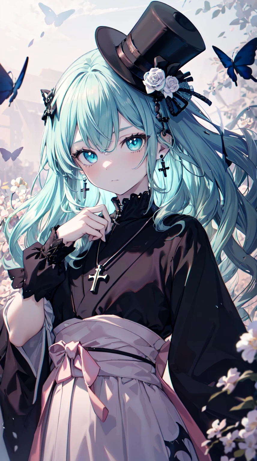 (masterpiece, absurdres, a high resolution, hyper-detailing, hdr, highres, best quality, high quality, 8k, beautiful lighting, ultra_detailed, highres, highest quality, beautiful, cute, digital art:1.2), (amazing details, detailed hair, detailed eyes:1.25), (perfect eyes, even eyes:1.4), (an anime drawing of a girl, anime styled, anime:1.1), looking at viewer, 1girl, girl, (solo:1.3), anime girl with black and white devil horns, (long wavy crazy hair:1.8), (white flower hair ornament with black leaf:1.1), ((rectangle earrings)), ((white cross necklace)), (bangs), (swepted angs:1.4), wispy bangs, frilled bangs, head, [17-year-old anime], (devil, demon, demon girl, pink wings), (gothic!!, gloomy style, pastel goth, creepy kawaii, goth girl, neon goth, emo girl, goth girl, aesthetic cute with flutter:1.6), [in style of cytus and deemo], {{{half body adaptable}}}, (gradient hair fading from black to pink with cyan tipsL1.99), (cyan eyes:1.45), ((marked face)), ((black kimono with white flower patterns)), long dress, pale skin, (an anime girl with a floating top hat:1.4), (emotionless:1.2), white leggings, black and white thonged Japanese sandals, (ribbons: 0.1), medium breasts, thin body, [butterflies], black color scheme, [mouth],