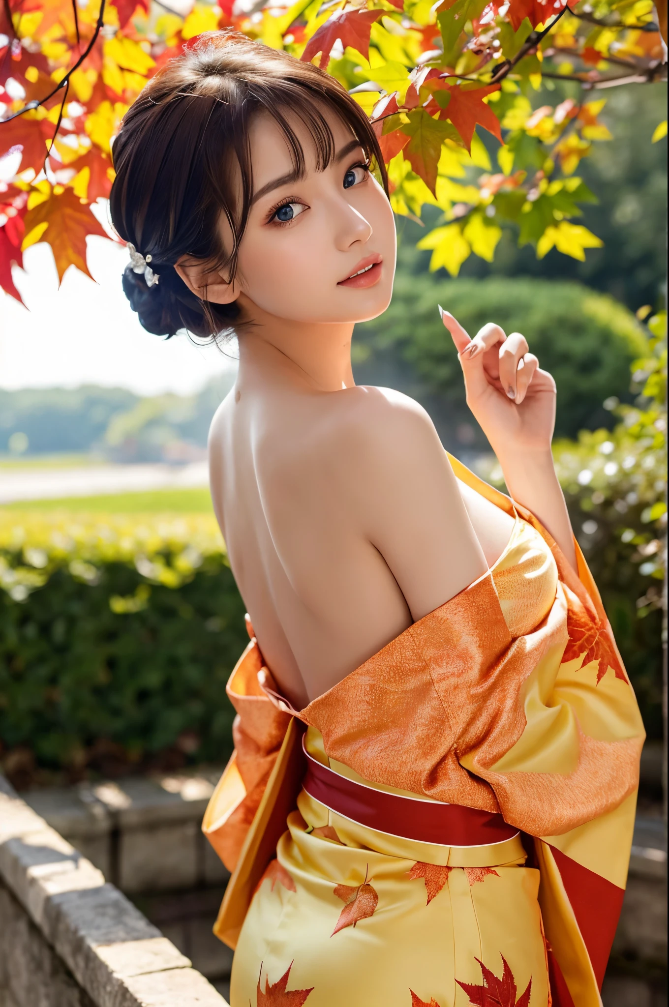 Pubic hair grows、Smile full of happiness、((:1.3))、、Panting face、Lacking、Sweating、Expression in a state of excitement、short-hair、eye glass, 19Year old woman, masterpiece, Realistic, hightquality,1girl in, Extremely cute, NSFW、(8K、Raw photography、top-quality、masterpiece:1.2)、(realisitic、Photorealsitic:1.37)、1 beautiful Japan schoolgirl、perfect bodies、full body Esbian、in 8K、超A high resolution、Best Quality、masutepiece (Large breasts、gargantuan butt、Toned body:1.73)(Long orange kimono with fireworks pattern:1.4)(Summer Festivals:1.3) (Brown-haired chignon:1.2)Big eyes smiling happily、Distinct double eyelids、Lashes、Highlights in the eyes、Light brown eyes、Pinclip Gloss、piercings(White band、Red clogs:1.25)(Kimono comes off、cleavage of the breast:1.48)