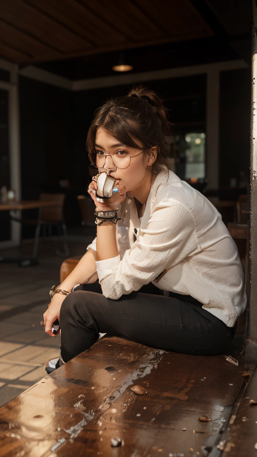 A girl with coffee ,realistic face futuristic background 8k ultra hd 3d