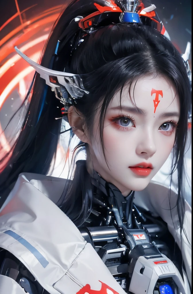 tmasterpiece,Best quality at best,A high resolution,8K,(portrait),(Close up of avatar),(RAW photogr),real photograph,digital photography,(cyberpunk queen),20岁女孩,long ponytail hairstyle,By bangs,(Black and blue gradient hair),(Glowing red eyes),Devil Eyes,Serious and charming,Mechanical body,Red glowing electronic components,Red wires and tubes connect the body,Complex golden electronic texture,Weird technology symbols,red round forehead symbol,Luxurious mechanical crown,Keep your mouth shut,(Mechanical Woman),Photo pose,cyber punk perssonage,Future Style,gray world background,oc render reflection texture
