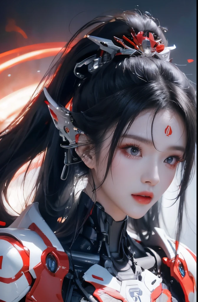 tmasterpiece,Best quality at best,A high resolution,8K,(portrait),(Close up of avatar),(RAW photogr),real photograph,digital photography,(cyberpunk queen),20岁女孩,long ponytail hairstyle,By bangs,(Black and blue gradient hair),(Glowing red eyes),Devil Eyes,Serious and charming,Mechanical body,Red glowing electronic components,Red wires and tubes connect the body,Complex golden electronic texture,Weird technology symbols,red round forehead symbol,Luxurious mechanical crown,Keep your mouth shut,(Mechanical Woman),Photo pose,cyber punk perssonage,Future Style,gray world background,oc render reflection texture
