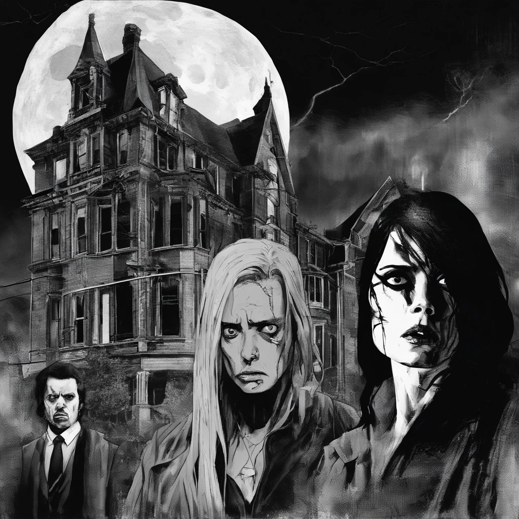 Japanese cyberpunk comic 8K, representation of the Addams family in cyborgpunk, black and white comic with spot colors, Addams family, cyberpunk, 3D, 8K spot color spotlights. 3D shadows, depth, matte color, ultra UHD.