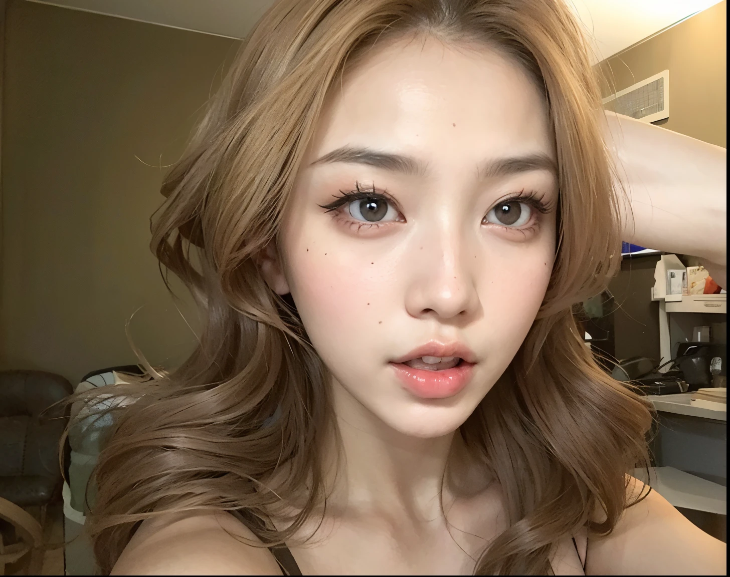 Hay una mujer con un pecho muy grande posando para una foto, Cindy Avelino, 18 years old, Asian face, con labios muy finos, labios gruesos, 2 2 years old, asian female, asian women, Cara sexy, thin, pale lips, Cara sexy con maquillaje completo, 21-year-old, asian features, Your skin is light brown, Asian girl