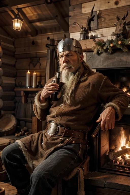 75 year old viking, fully clothed in furs, leather belt, white beard is sitting by a fireplace looking contemplative.  He has a double headed axe beside him.  He is wearing a viking helmet.  His expression is contemplative.  He is in a log cabin.  There is a shield hanging on the wall.  He has a drinking tankard in one hand.