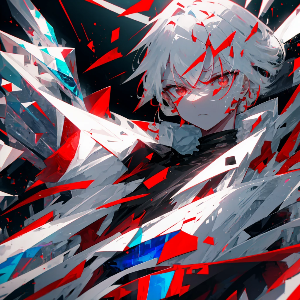 1 boy, white hair, angry red eyes, crystal effect, cyberpunk effect, 8k, HD