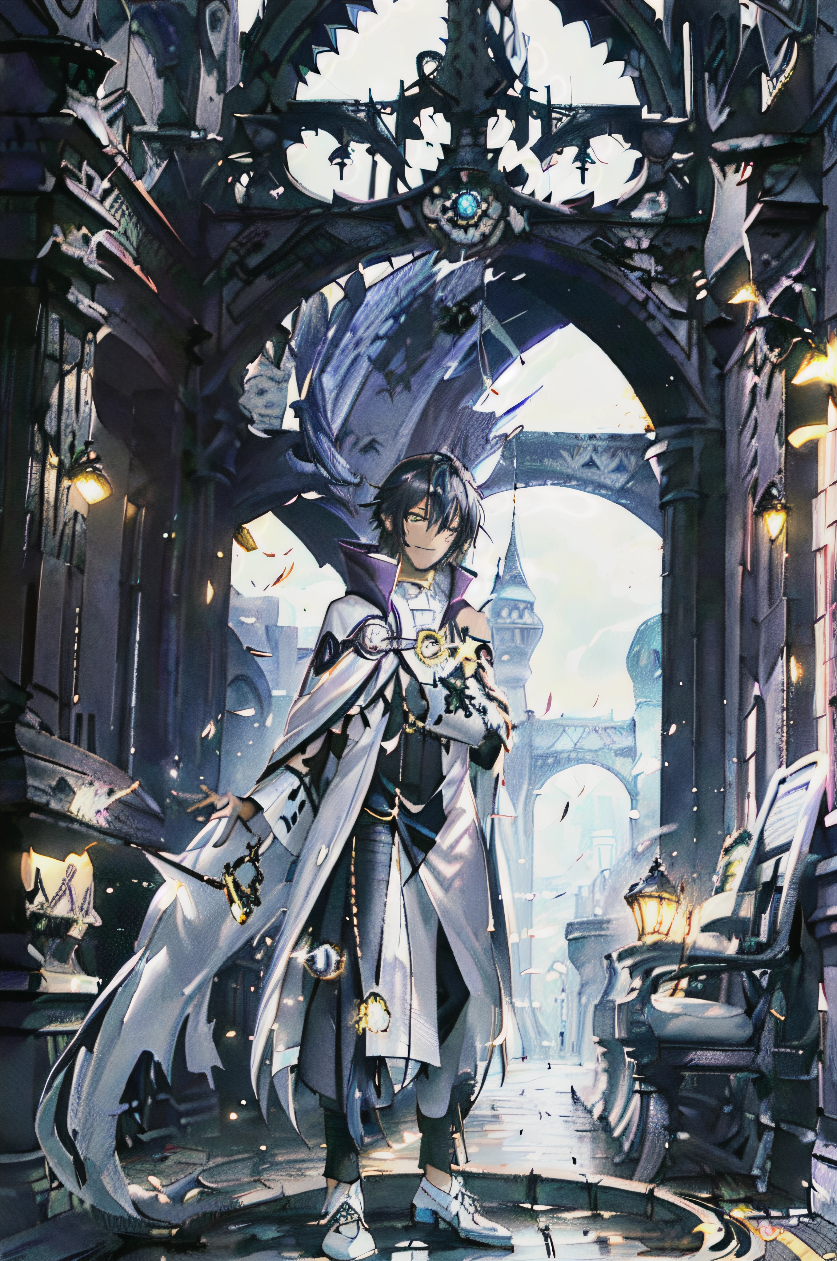 (1man, mature, dark skin, dark purple hair, bright yellow eyes, pastor priest clothes, dress pants, white cloak, smug face, nea from d gray man), london stone street, lamps illuminating, front view, high res, ultrasharp, 8K, masterpiece, portrait, high detail, symmetrical