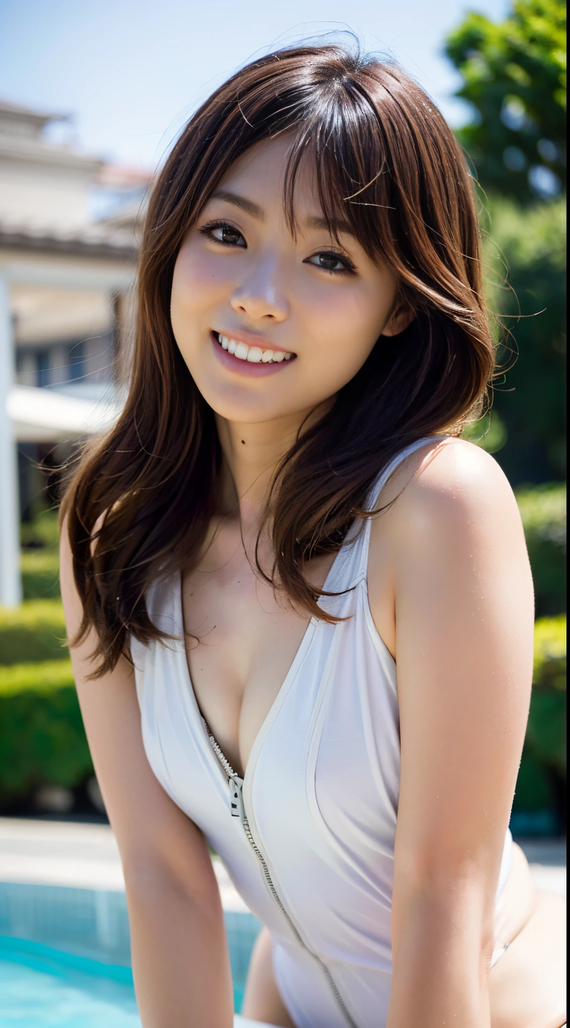 (((Gravure idol standing by the pool and posing while warming up))),(((masutepiece:1.6))),(((ulzzang-6500))),(((perfect anatomia:1.2))),(((Deep depth of field with Hasselblad))),(((Sexy waist))),​masterpiece,top-quality,超A high resolution,High-definition face close-up portrait,(photographrealistic:1.4),(((Beautiful face with a high nose and big eyes))),(((lean forward with both hands on the ground))),Fair skin is dazzling,(((Beautiful white front zip high leg one piece swimsuit))),Raise your chin and look up at the sky,((Face-up shot from a high rear position)),20yr old,cute little,long, Shiny chestnut hair sways in the wind,((Proud F cup beautiful breasts )),(The waist is irresistible),(Famous popular actresses of Japan),(Raise the corners of your mouth and eyebrows and laugh out loud),(Happy face,sano),(Sounds like fun),High detailed eyes,((Gravure photoshoot by the pool)),((tome&#39;tome&#39;It&#39;s so cute to see her forehead showing in the wind,Gaze staring at the sky,Long lashes are impressive,Big eyes,Distinct double eyelids,glowy skin,shiny thick lips)),(((perfect anatomia:1.2))),