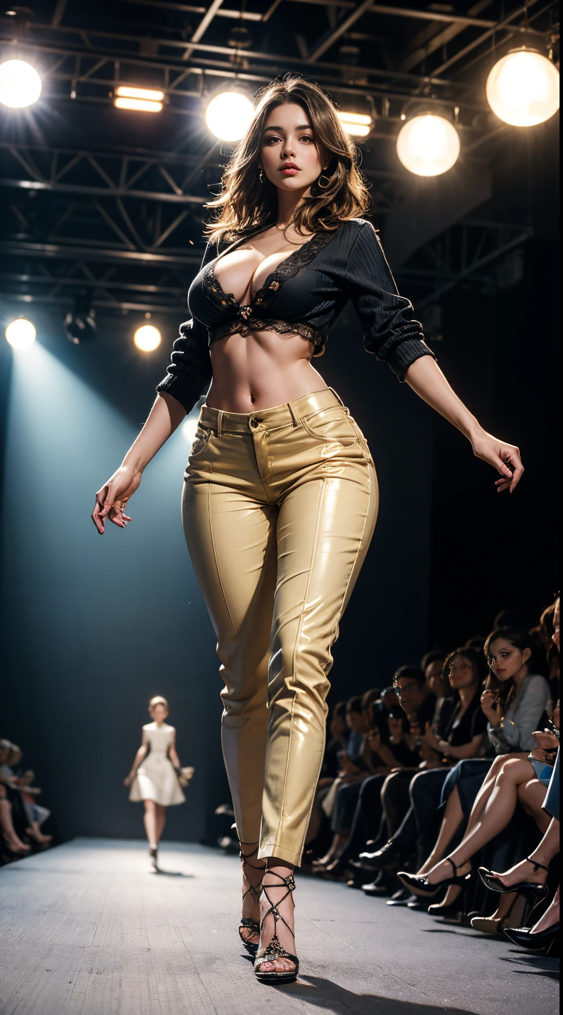 nsfw, 8k, best quality, highres, realistic, real person, A dynamic scene of a female model walking confidently down a runway, surrounded by a large audience under bright lights. The model is elegantly dressed in a high-fashion outfit, with the spotlight focused on her. She exudes confidence and grace as she strides forward. The audience is captivated, and the atmosphere is vibrant and glamorous, capturing the essence of a high-end fashion show. High-waisted pants, cropped sweater, lace-up heels, Big breasts, cleavage, beautiful legs, long beautiful legs, beautiful waist, exposed belly button