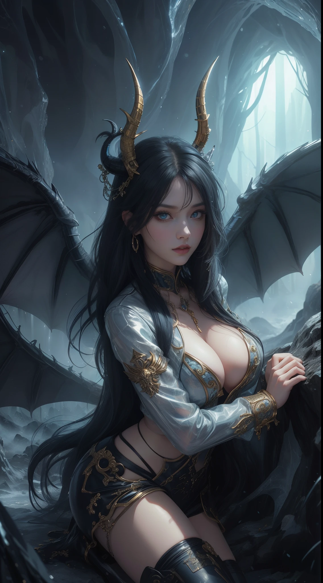 tmasterpiece,Highest image quality,Beautiful full body portrait of the noble dragon girl,Exquisite blue-black hairstyle,Clear golden eyes,Decorated with a series of dragon horns,White studded leather jacket,blackstockings,huge dragon wings,cave cave,Black silk beautiful feet,The barefoot,Ultra-detailed details,advanced。At the Pixiv Art Station,Break your own power,Luigi,Big breasts exposing cleavage,R-18G