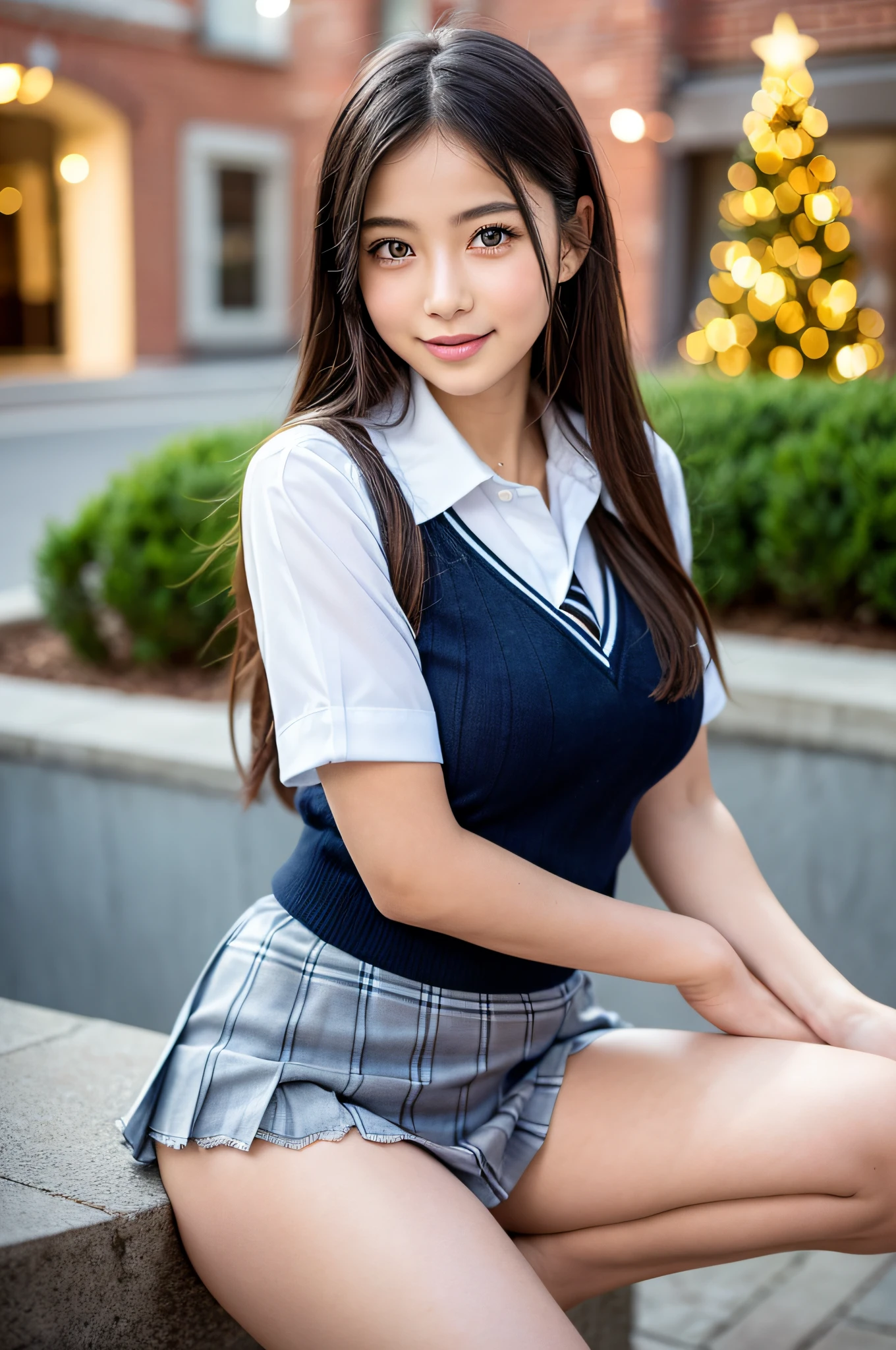 1girl in, Extremely cute face, Amazing face and eyes, (Highly detailed eyes, Highly detailed face), (Hyper-realistic, hight resolution), (Best Quality:1.4), Raw photo, (Realistic, Photorealsitic:1.37), Professional Photography, Cinematic Light, (lace bra:1.25), (Amazing breasts:0.8), (School uniform, Pleated mini-skirt:1.5), (Uniform with open chest), Smile slightly, Sitting, Spread your legs wide, Staring at me, plein air, city, Christmas tree, Christmas Lights, Christmas Ornaments,