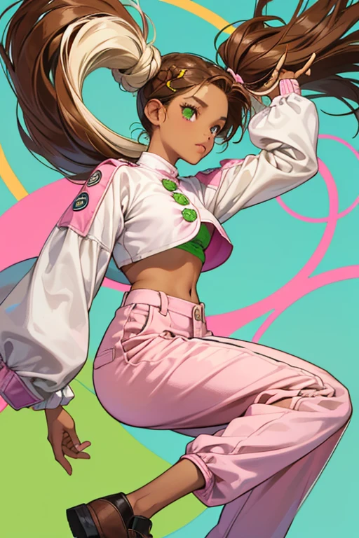 Liezel has tanned skin and long brown hair tied in two buns. She wears a white crop top with a pink circle, light green and brown edges, and hanging sleeves. She wears green and pink pants in a zig-zag pattern with brown buttons and brown shoes with green accents and white laces and soles. She also wears pink eyeshadow.