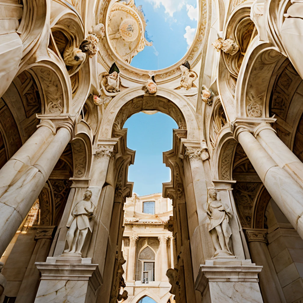an art piece similar to school of Athens with renaissance architecture buildings with arches and very ornate details. Add baby angels flying in the backhground that are holding bows and arrows and a peach pale tone colored