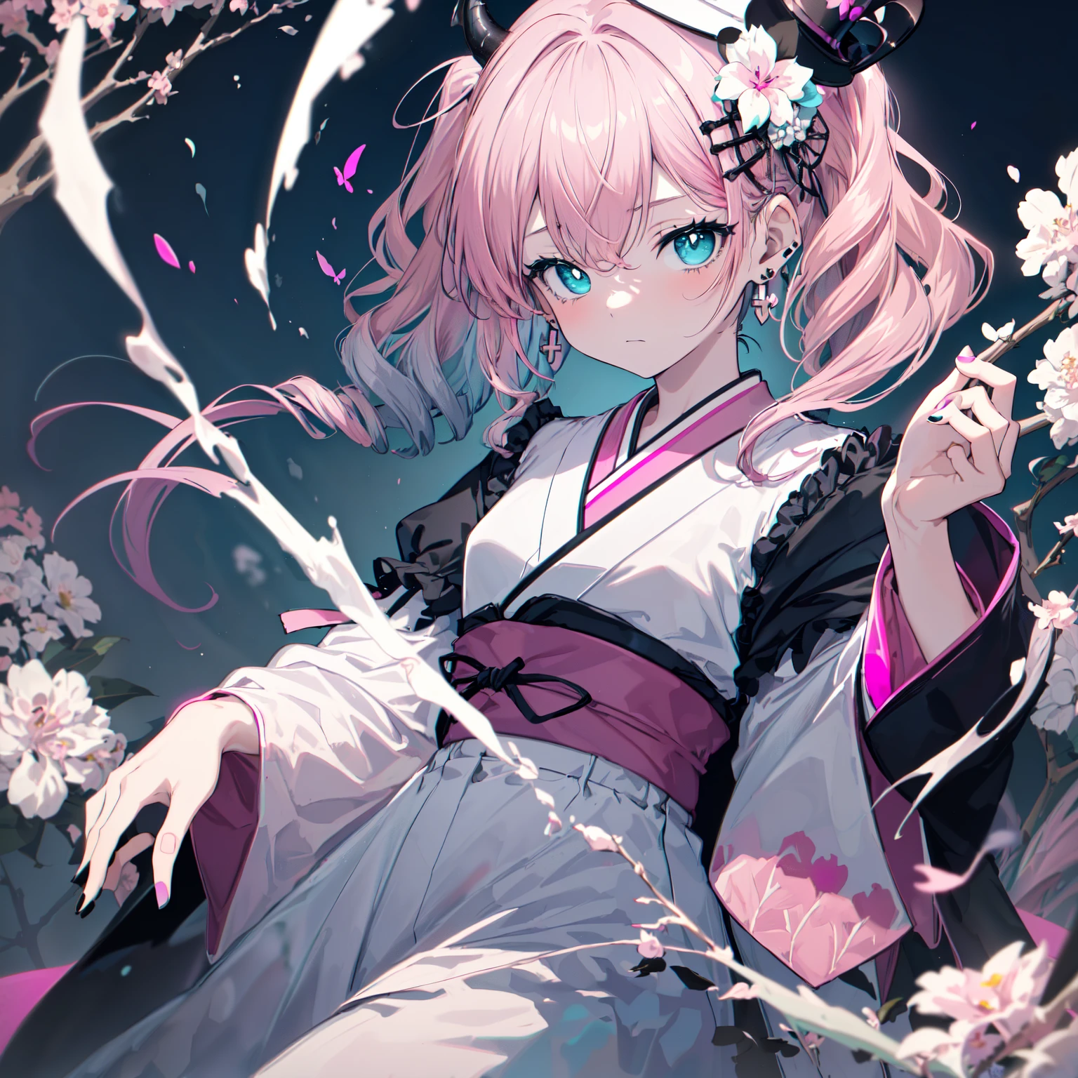 (masterpiece, absurdres, a high resolution, hyper-detailing, hdr, highres, best quality, high quality, 8k, beautiful lighting, ultra_detailed, highres, highest quality, beautiful, cute, digital art:1.2), (amazing details, detailed hair, detailed eyes:1.25), (perfect eyes, even eyes:1.4), (an anime drawing of a girl, anime styled, anime:1.1), looking at viewer, 1girl, girl, (solo:1.3), anime girl with black and white devil horns, (long wavy crazy hair:1.8), (white flower hair ornament with black leaf:1.1), ((rectangle earrings)), ((white cross necklace)), (bangs), (swepted angs:1.4), wispy bangs, frilled bangs, head, [17-year-old anime], (devil, demon, demon girl, pink wings), (gothic!!, gloomy style, pastel goth, creepy kawaii, goth girl, neon goth, emo girl, goth girl, aesthetic cute with flutter:1.6), [in style of cytus and deemo], {{{half body adaptable}}}, (gradient hair fading from black to pink with cyan tips:1.99), (cyan eyes:1.45), ((marked face)), ((black kimono with white flower patterns)), long dress, pale skin, (an anime girl with a floating top hat:1.4), (emotionless:1.2), white leggings, black and white thonged Japanese sandals, (ribbons: 0.1), (medium breasts:1.1), thin body, [butterflies], black color scheme, [mouth],