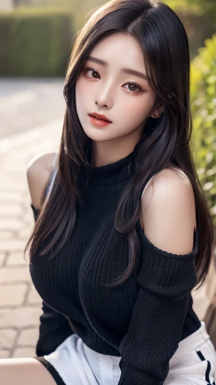 (Best Quality, 4K, Masterpiece: 1.3), Pretty Korean Woman, 1girl, Sexy: 1.1, Long Dark Black Hair: 1.1, Ultra-detailed Face, Detailed Lips, Delicate Eyes, Double Eyelids, ((Short Pants)), Big Breast, (W cup), Woman Age 20, Sweater Suit