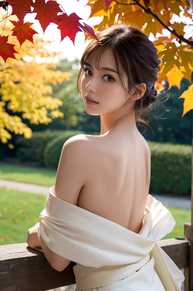 (masutepiece:1.3, Photorealsitic:1.4, 8K), top-quality, ​masterpiece, 超A high resolution, Professional camera work, Grow Light Effect, Realistic portrait, Cinematic Light, Highly detailed skin and facial texture:1.3, Perfect dynamic composition, The ultra-detailliert, A detailed eye, Detailed limbs, autumnal, Autumn leaves landscape in the evening:1.25, 1girl in, Cute sexy 23 year old slim woman, Fair skin, Autumn leaves are dancing:1.25, (Enraptured look:0.9, Totally captivates you:1.0), (White kimono:1.31 Only shoulders and scapula exposed), (Backshots, Calm pose), (voluptuous breasts:0.9), (Beautiful blue eyes, Eyes that feel beautiful eros:0.85), Sexy face:0.4, (A mouthfeel that feels beautiful eros:0.85), ((Too cute beauty:0.9)), back sharp focus