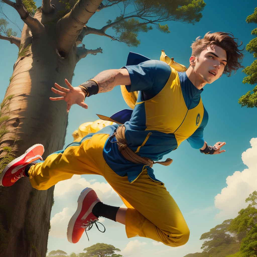 Hero in jackfruit outfit jumping between trees, um ninja com roupa de banana correndo e um inimigo venenoso